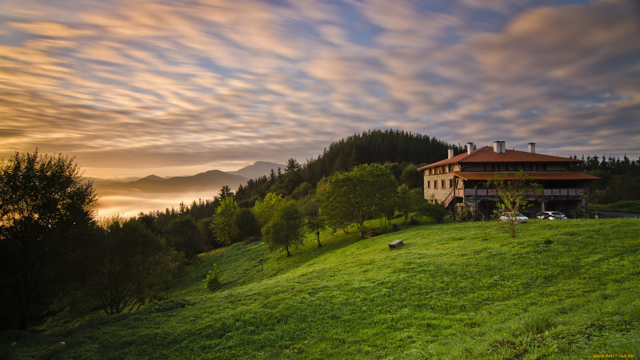 города, пейзажи, луг, вилла, деревья, трава, холмы, лес