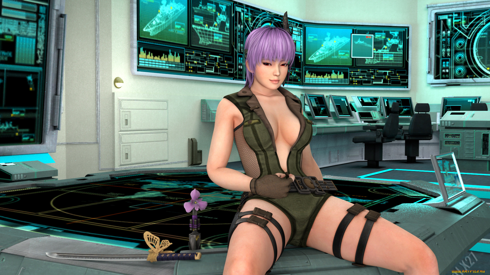 3д, графика, аниме, , anime, цветок, катанна, взгляд, девушка