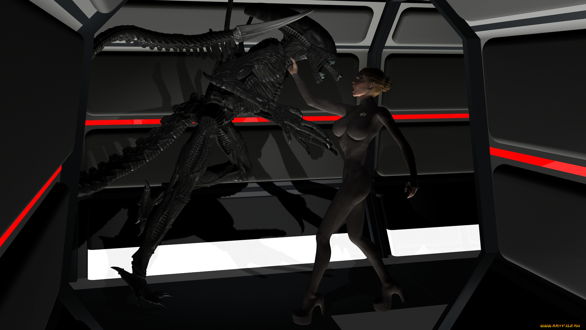 3д, графика, фантазия, , fantasy, девушка, борьба, существо