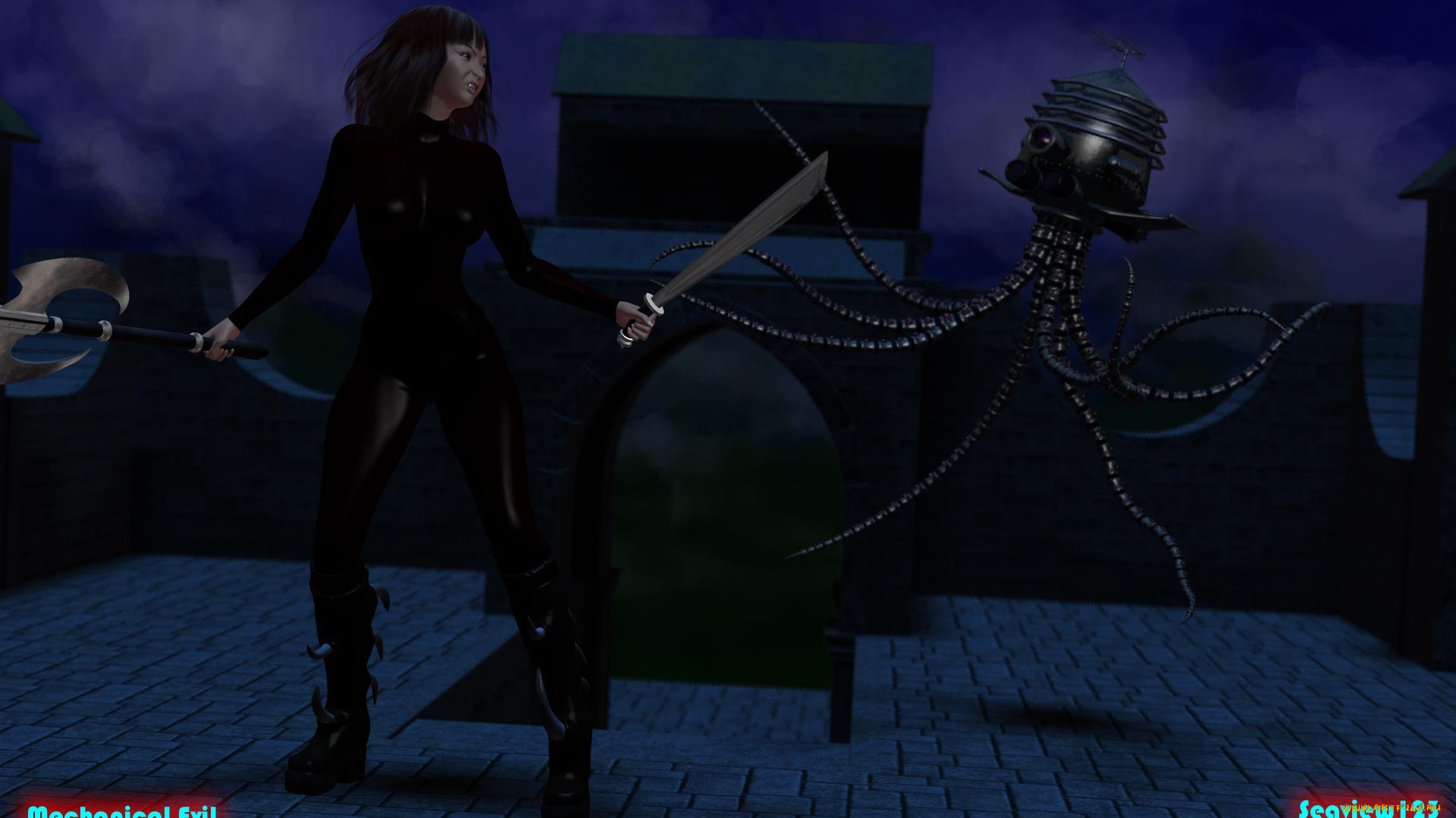 3д, графика, фантазия, , fantasy, девушка, киборг, оружие, взгляд