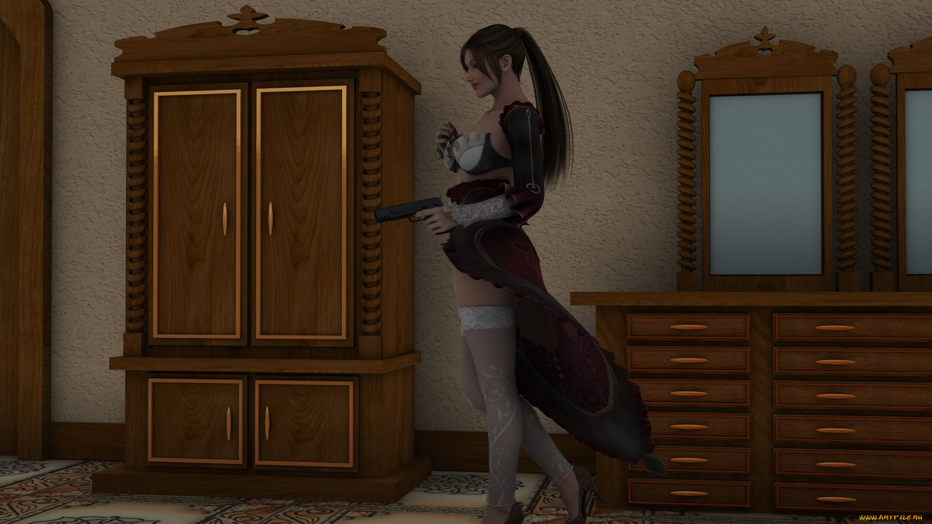 3д, графика, фантазия, , fantasy, девушка, взгляд, оружие, тумба, шкаф