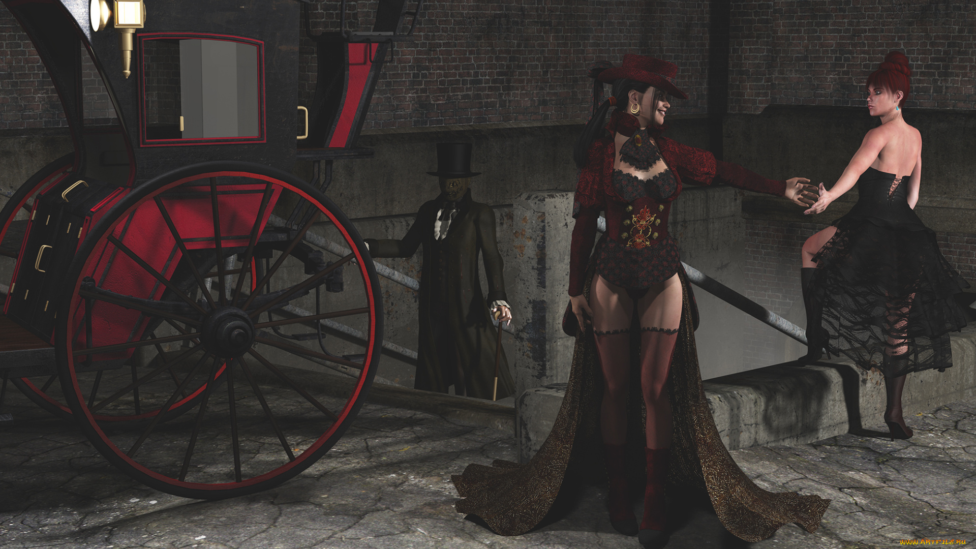 3д, графика, фантазия, , fantasy, карета, улица, девушки