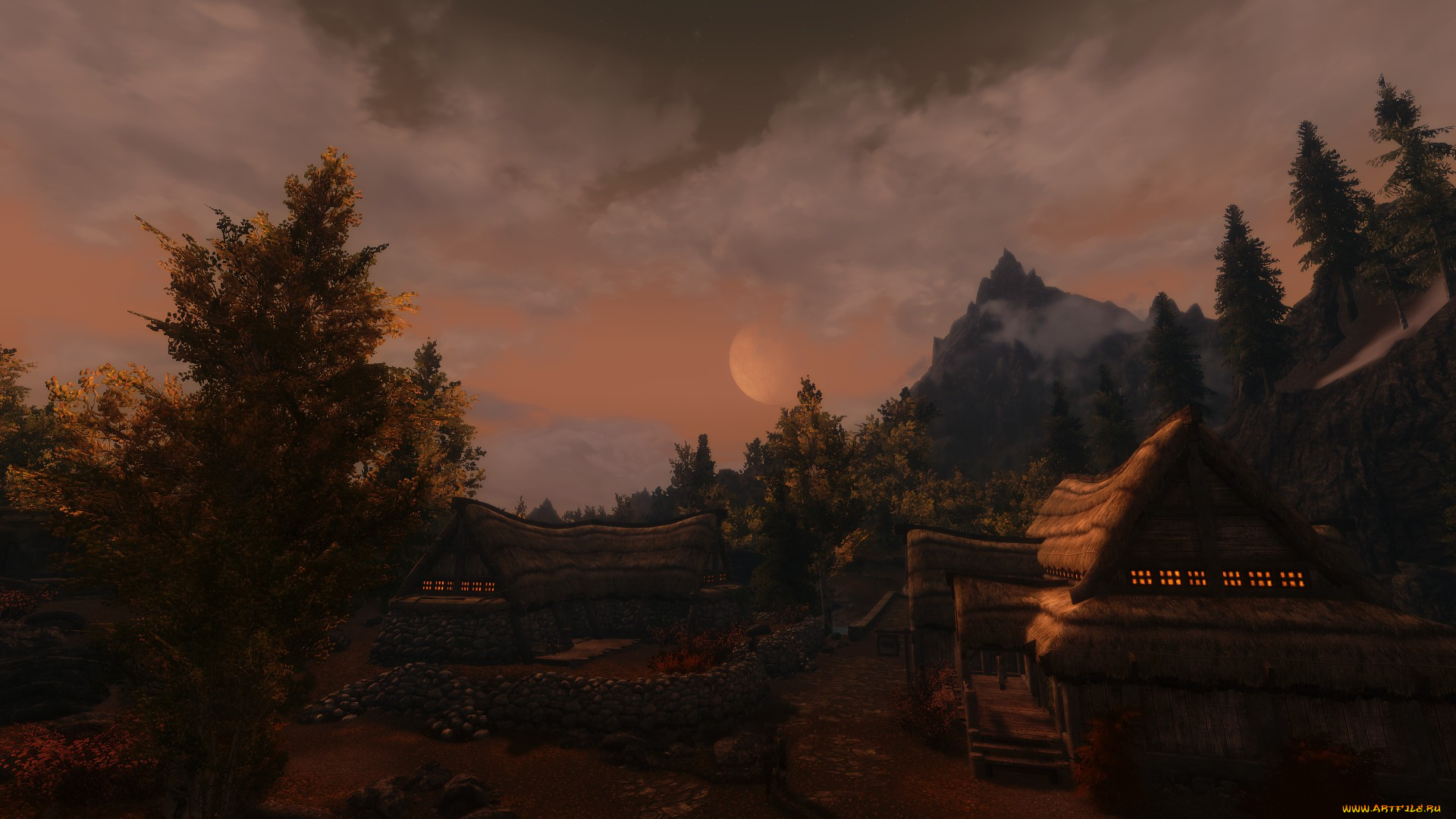 3д, графика, природа, , nature, вечер, деревья, вершины, дома