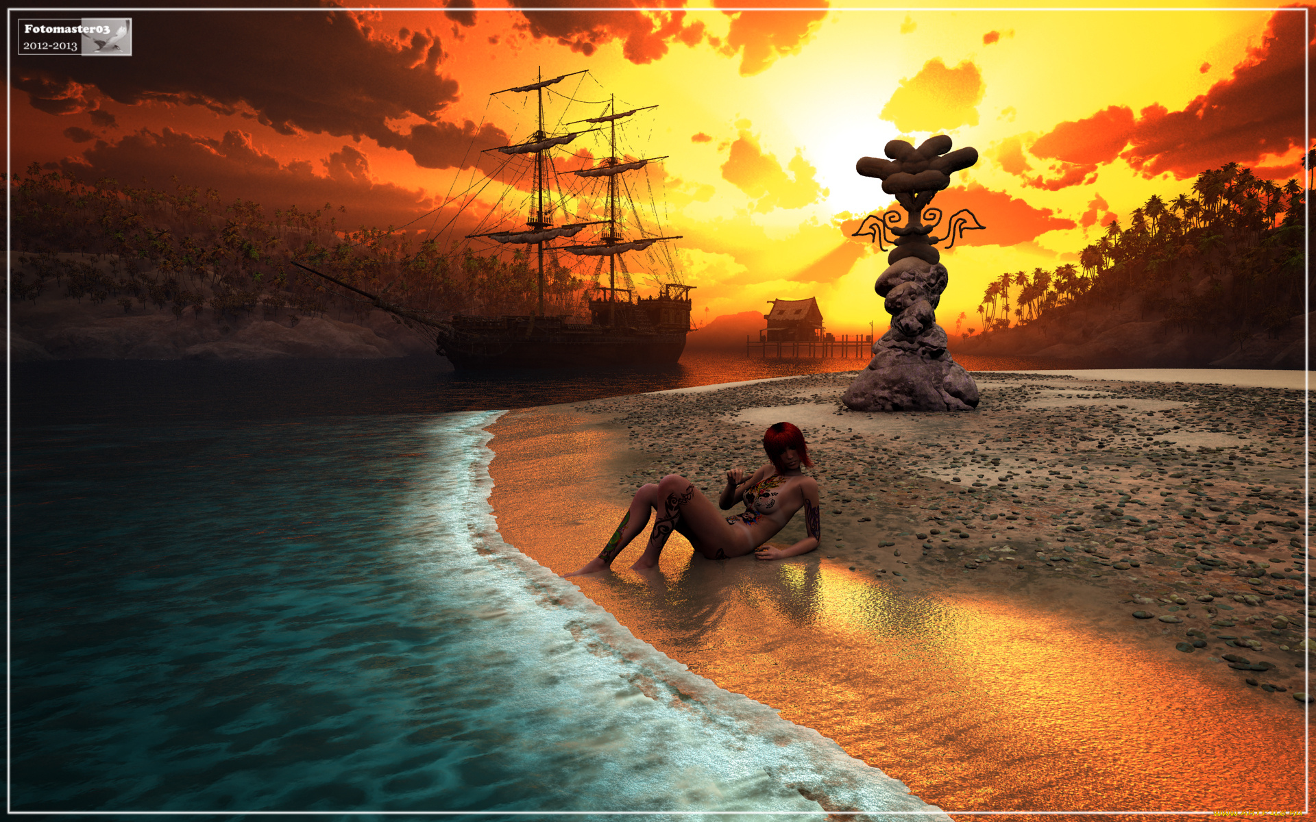 3д, графика, люди, , people, вершина, пальмы, холм, дом, закат, облака, парусник, море, девушка