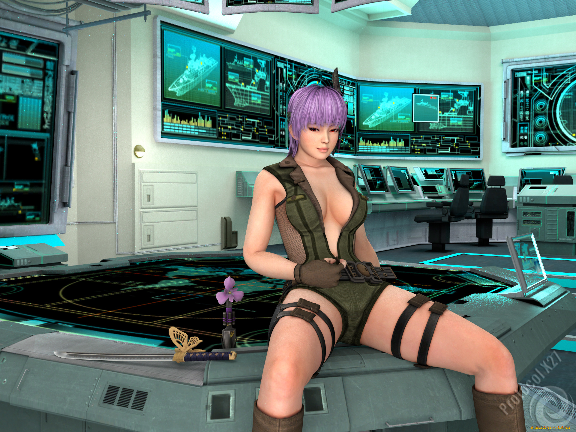 3д, графика, аниме, , anime, цветок, катанна, взгляд, девушка