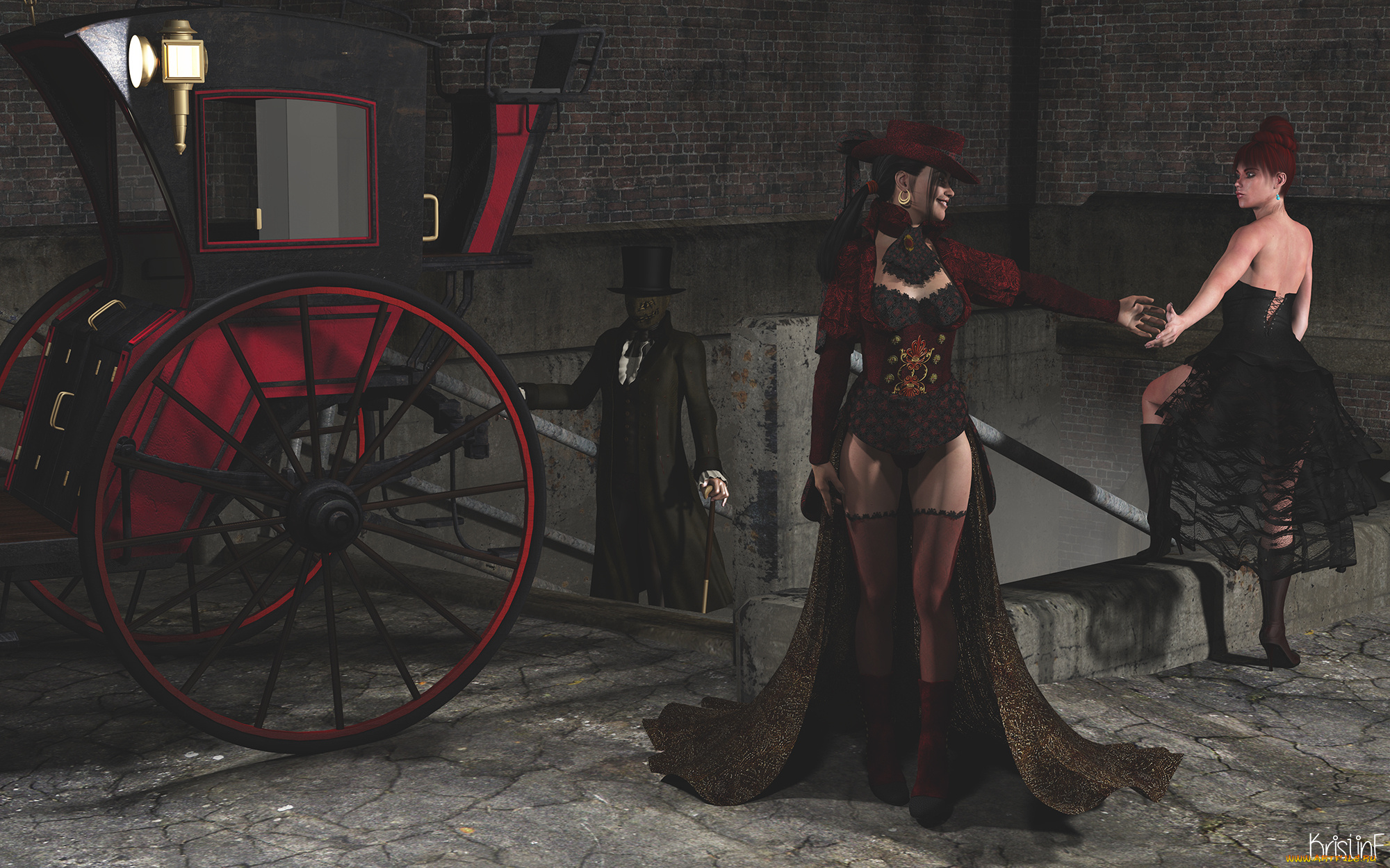 3д, графика, фантазия, , fantasy, карета, улица, девушки