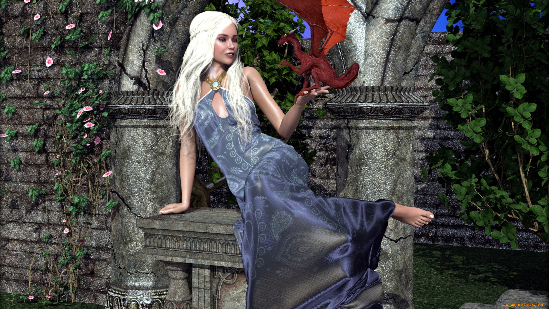 3д, графика, фантазия, , fantasy, взгляд, блондинка, цветы, дракон, девушка, фон