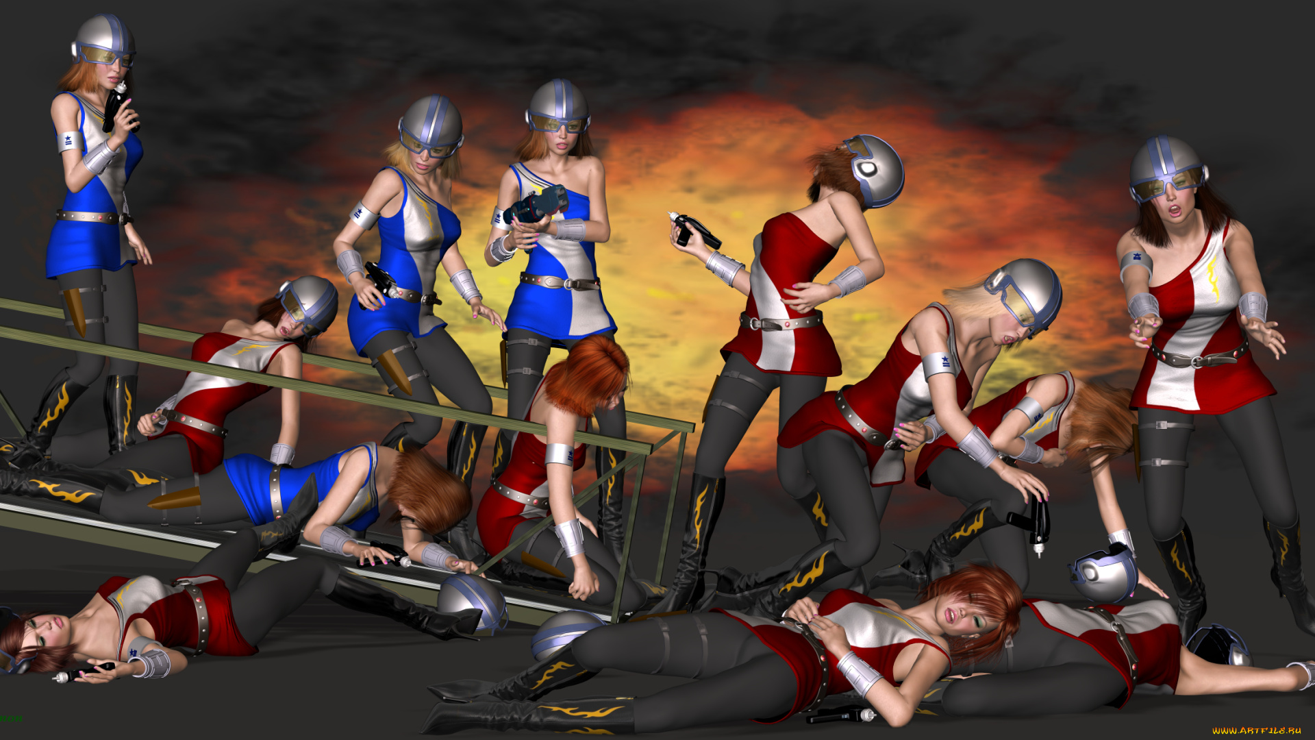 3д, графика, фантазия, , fantasy, взгляд, кровь, фон, оружие, баталььон, девушки