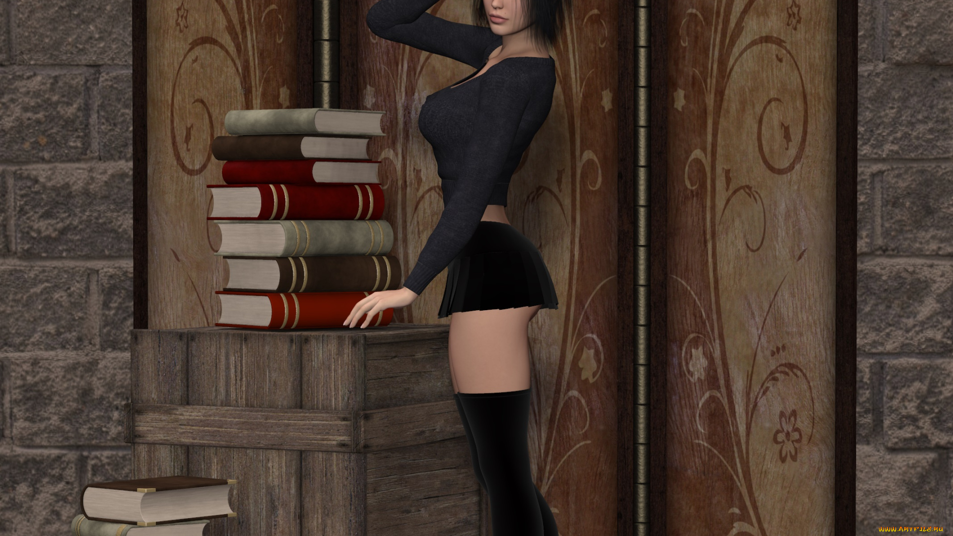 3д, графика, люди, , people, сексуальная, очки, книги, фон, взгляд, девушка