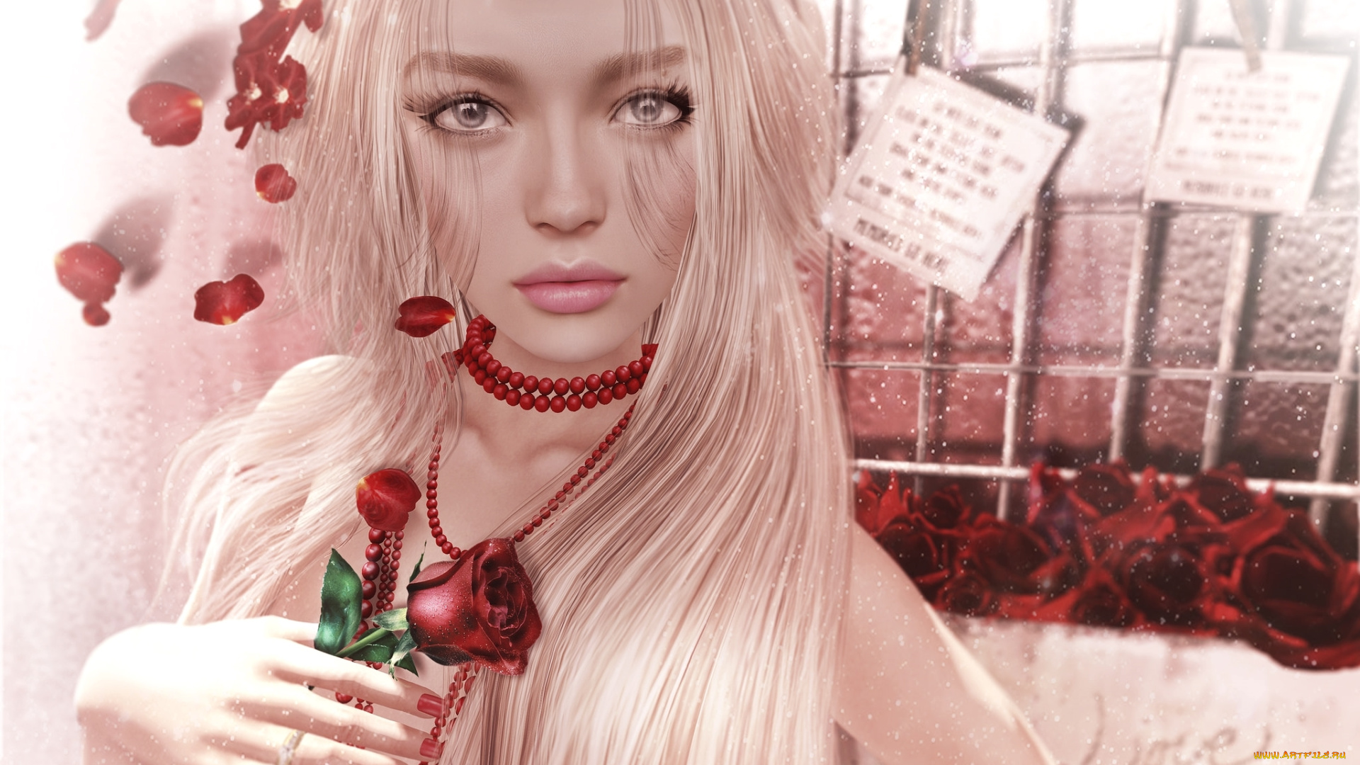 3д, графика, портрет, , portraits, девушка, взгляд, роза, блондинка