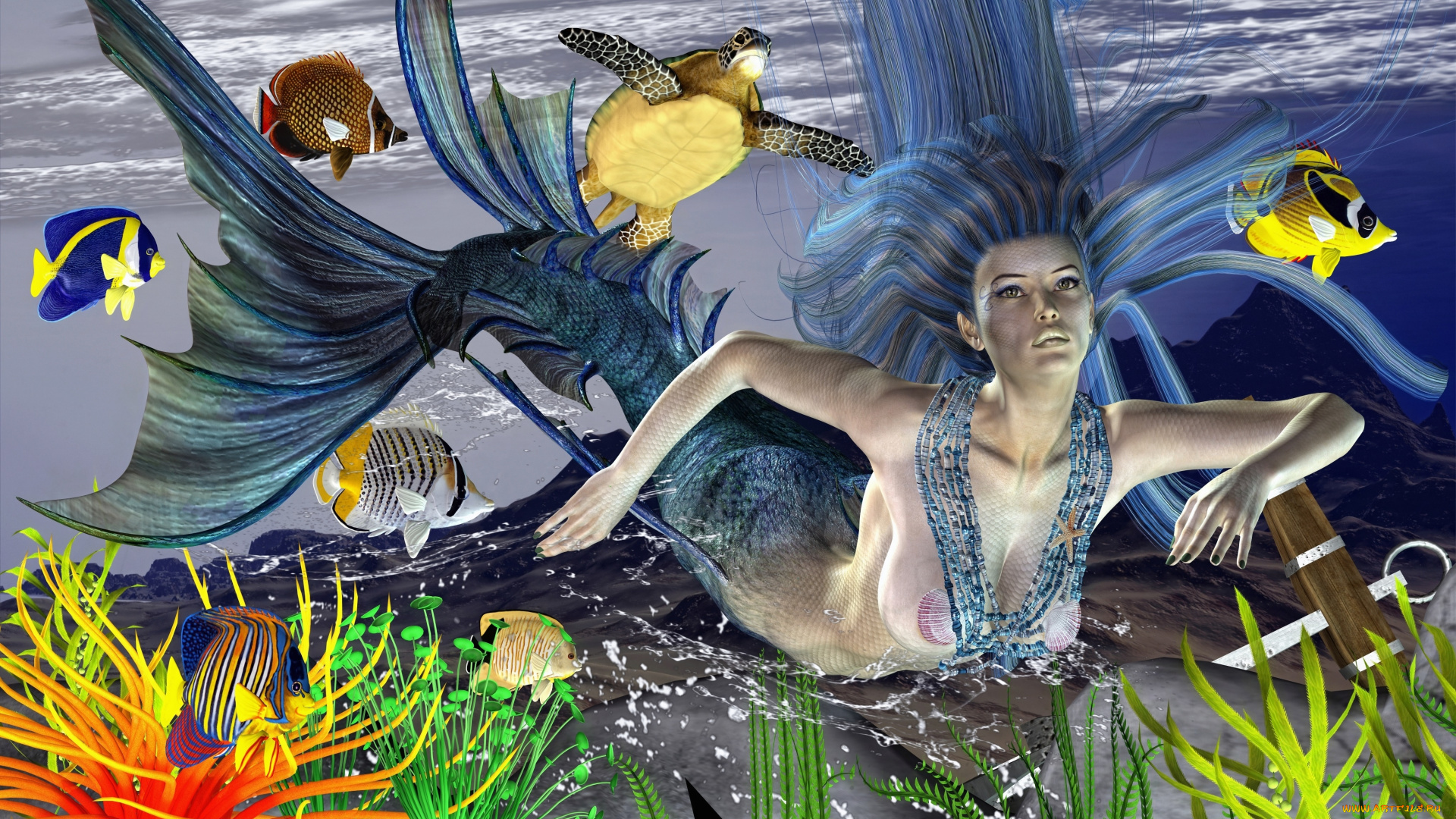 3д, графика, существа, , creatures, черепаха, рыбы, девушка, море, русалка, водоросли, фон, взгляд