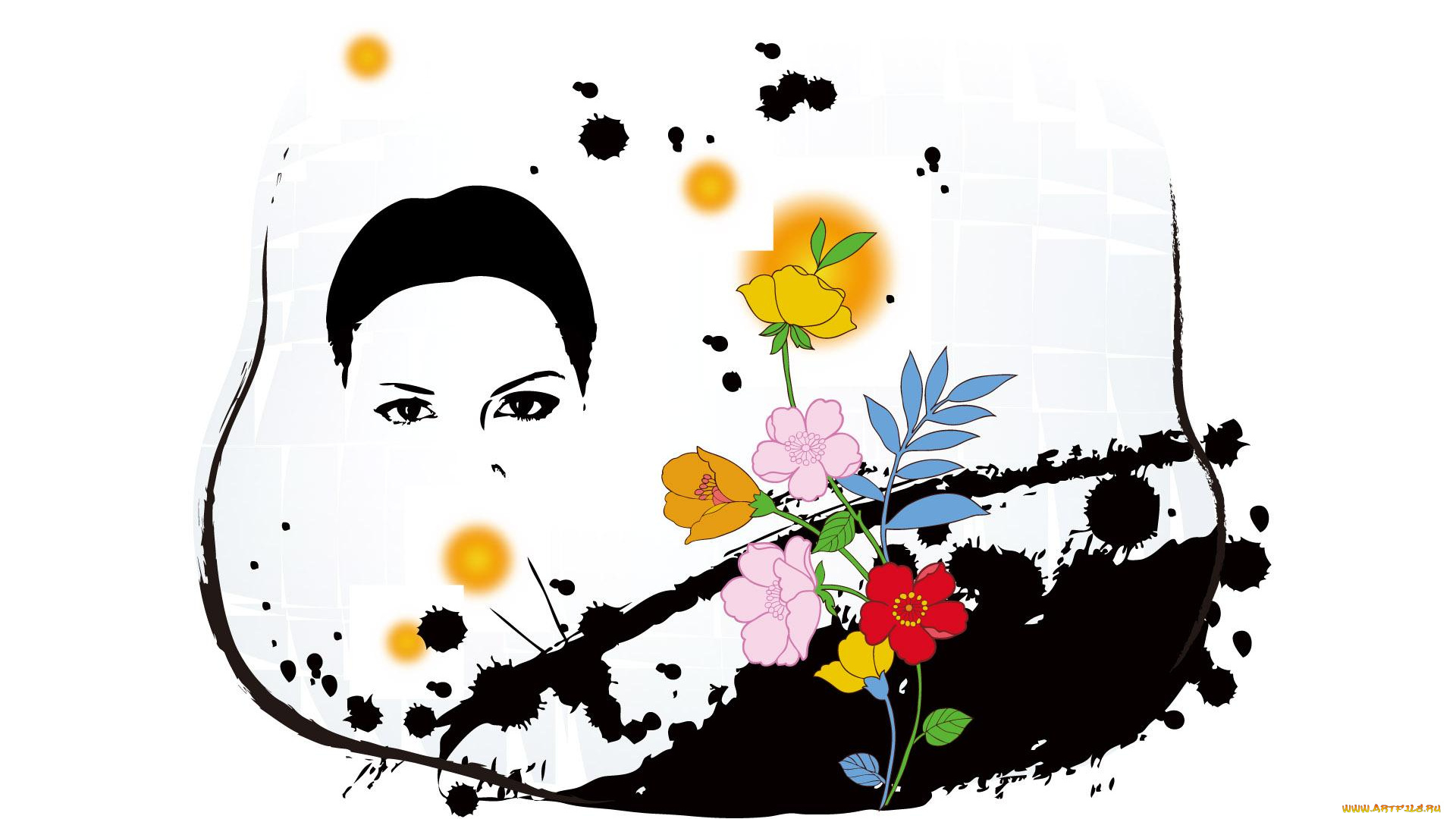 рисованное, люди, цветы, фон, взгляд, девушка