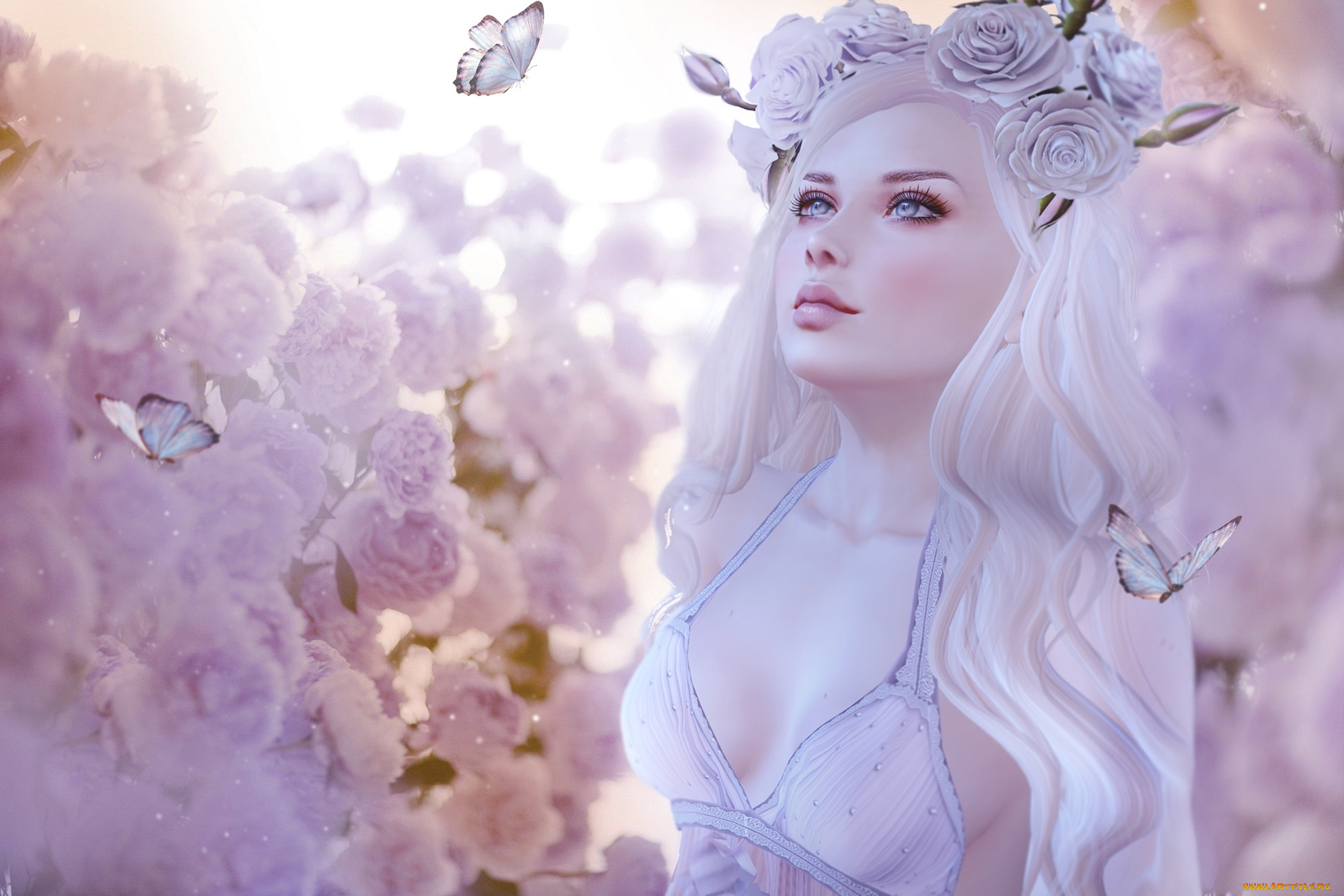 3д, графика, люди, , people, романтика, розы, венок, девушка, розовый, бабочки