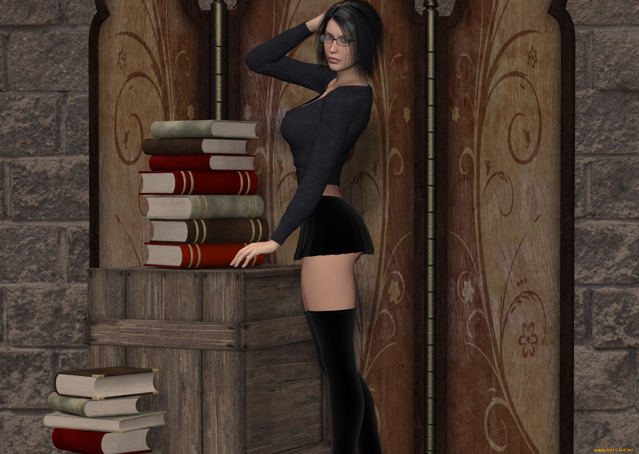 3д, графика, люди, , people, сексуальная, очки, книги, фон, взгляд, девушка