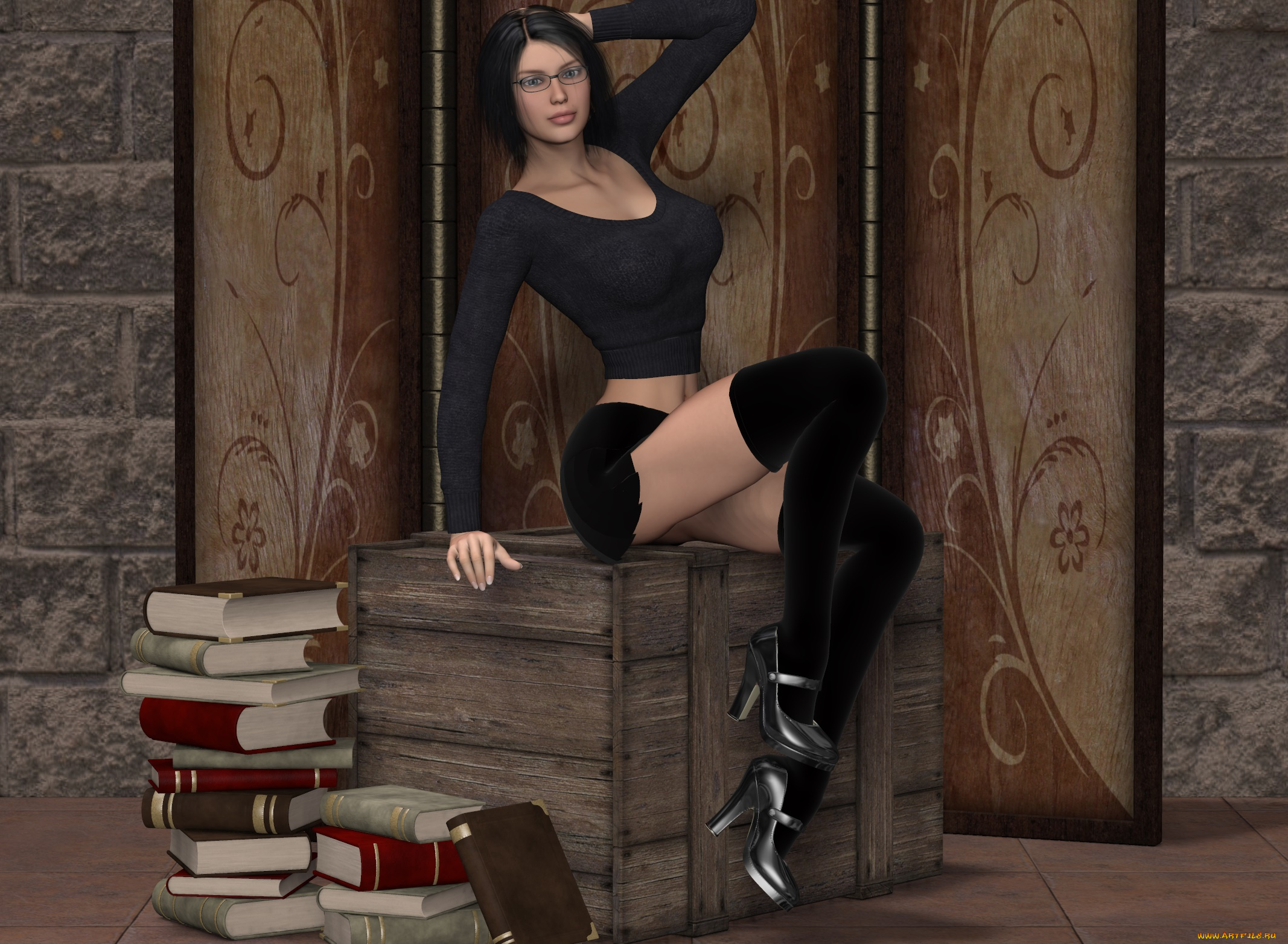 3д, графика, люди, , people, очки, сексуальная, книги, фон, взгляд, девушка