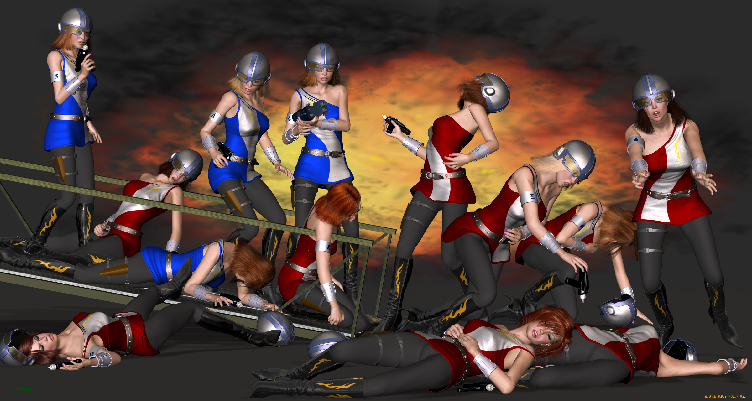 3д, графика, фантазия, , fantasy, взгляд, кровь, фон, оружие, баталььон, девушки