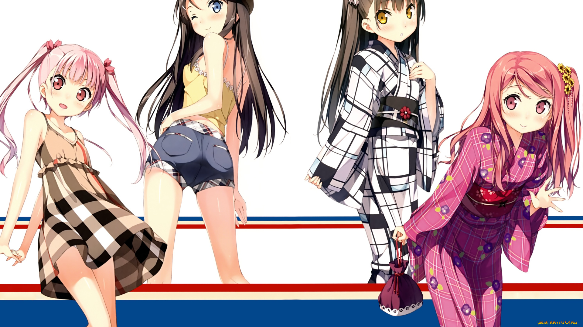 аниме, kantoku, , artbook, девушки, взгляд, фон