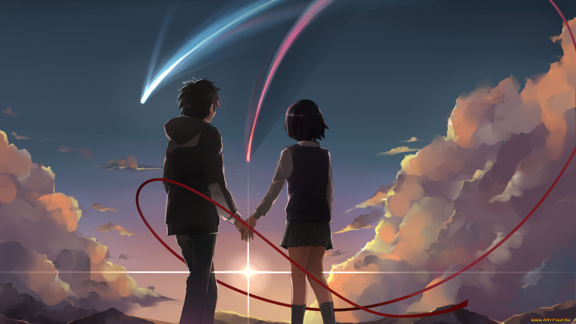 аниме, kimi, no, na, wa, парень, девушка, фон, взгляд