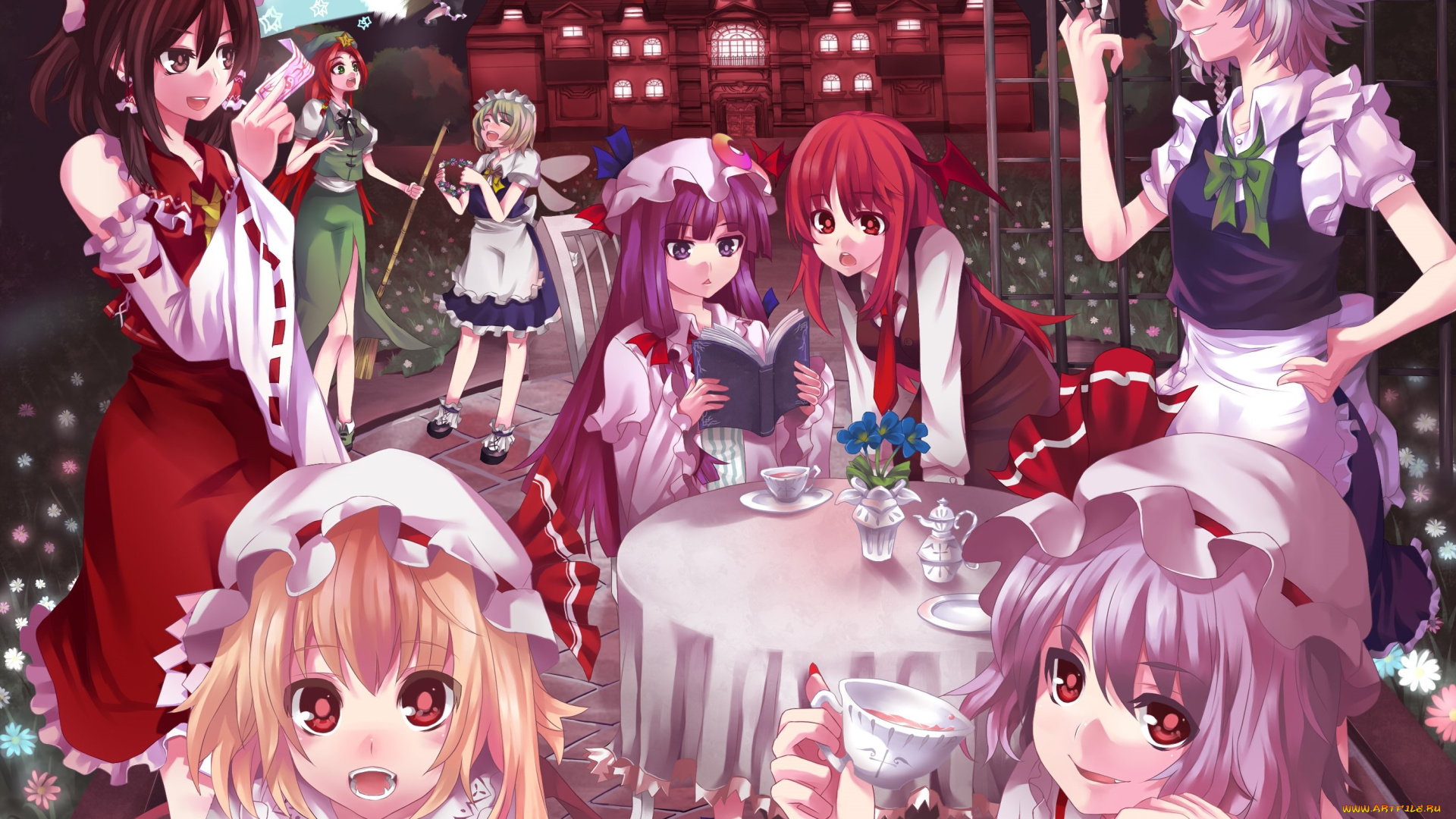 аниме, touhou, взгляд, девушки, фон