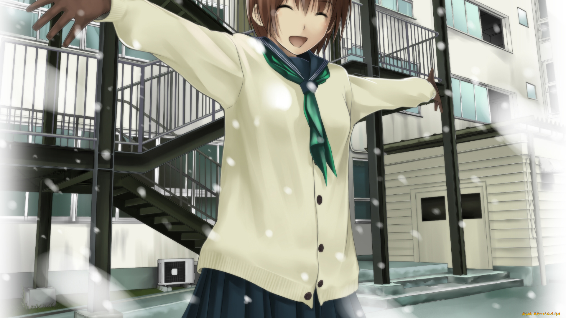 аниме, зима, , новый, год, , рождество, фон, взгляд, девушка