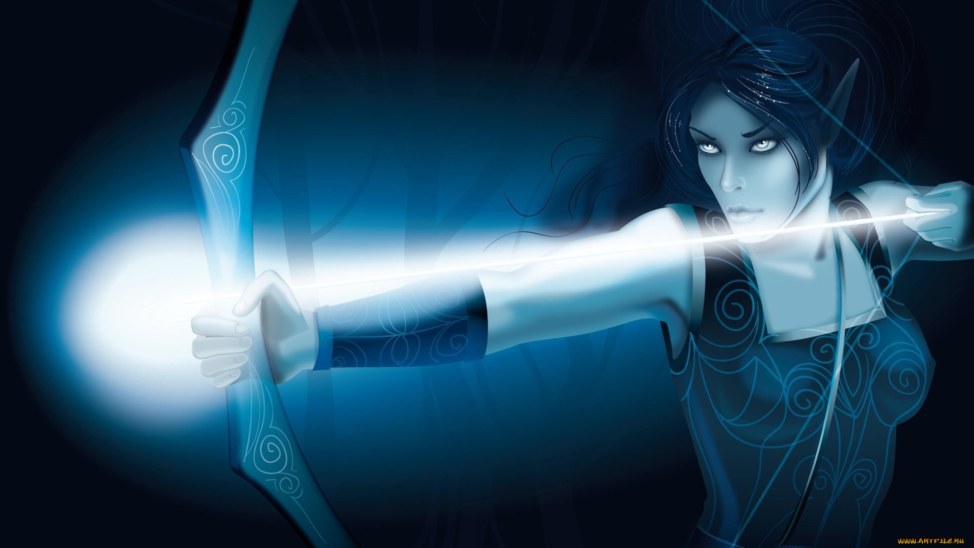 фэнтези, эльфы, эльфийка, лучница, свет, лук