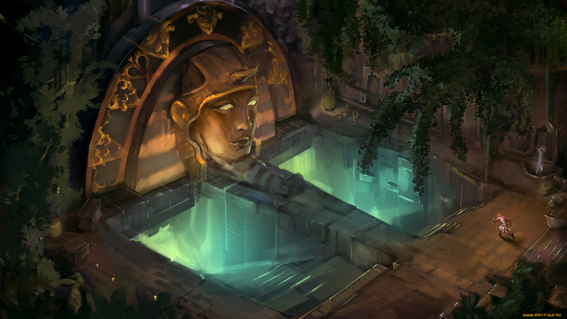 фэнтези, иные, миры, , иные, времена, голова, арт, бег, человек, храм, свечение, ступени, статуя