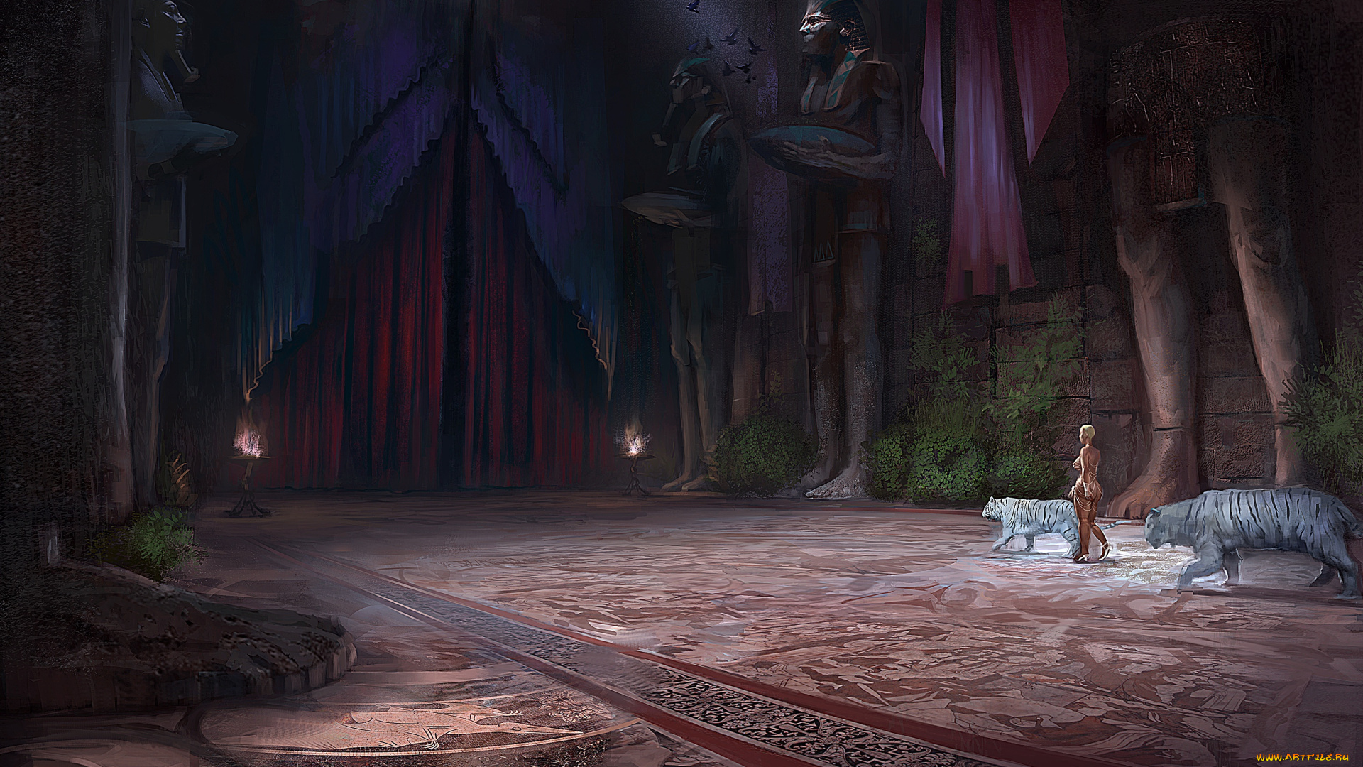 фэнтези, иные, миры, , иные, времена, жрица, тигры, статуя, женщина, зал, дворец, арт