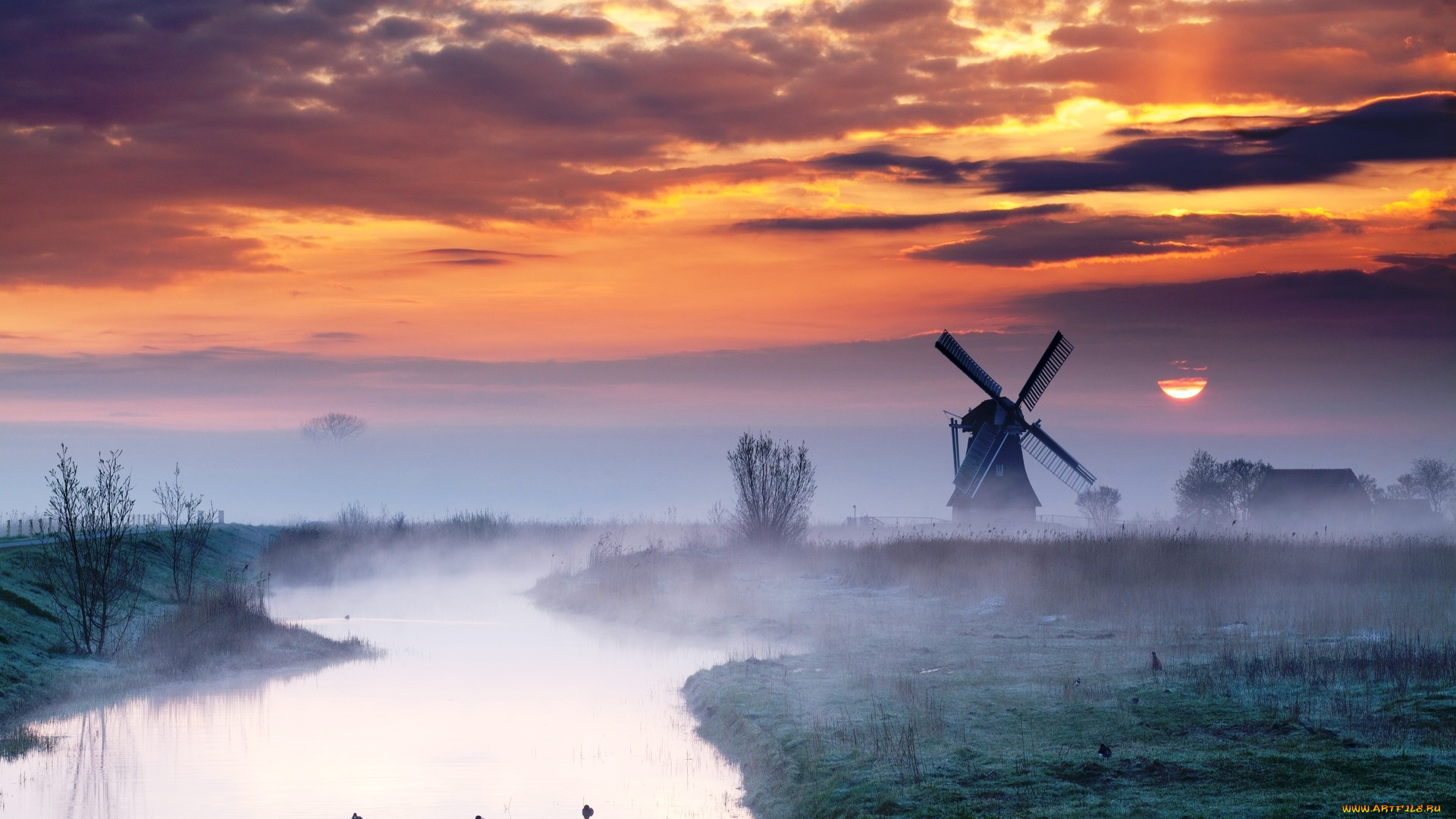 разное, мельницы, облака, рассвет, мельница, небо, река, туман