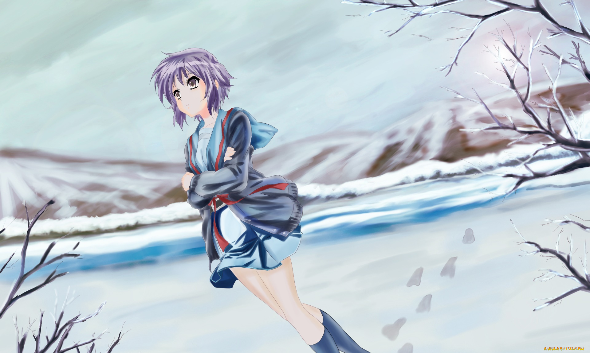 аниме, the, melancholy, of, haruhi, suzumiya, девушка, взгляд, фон