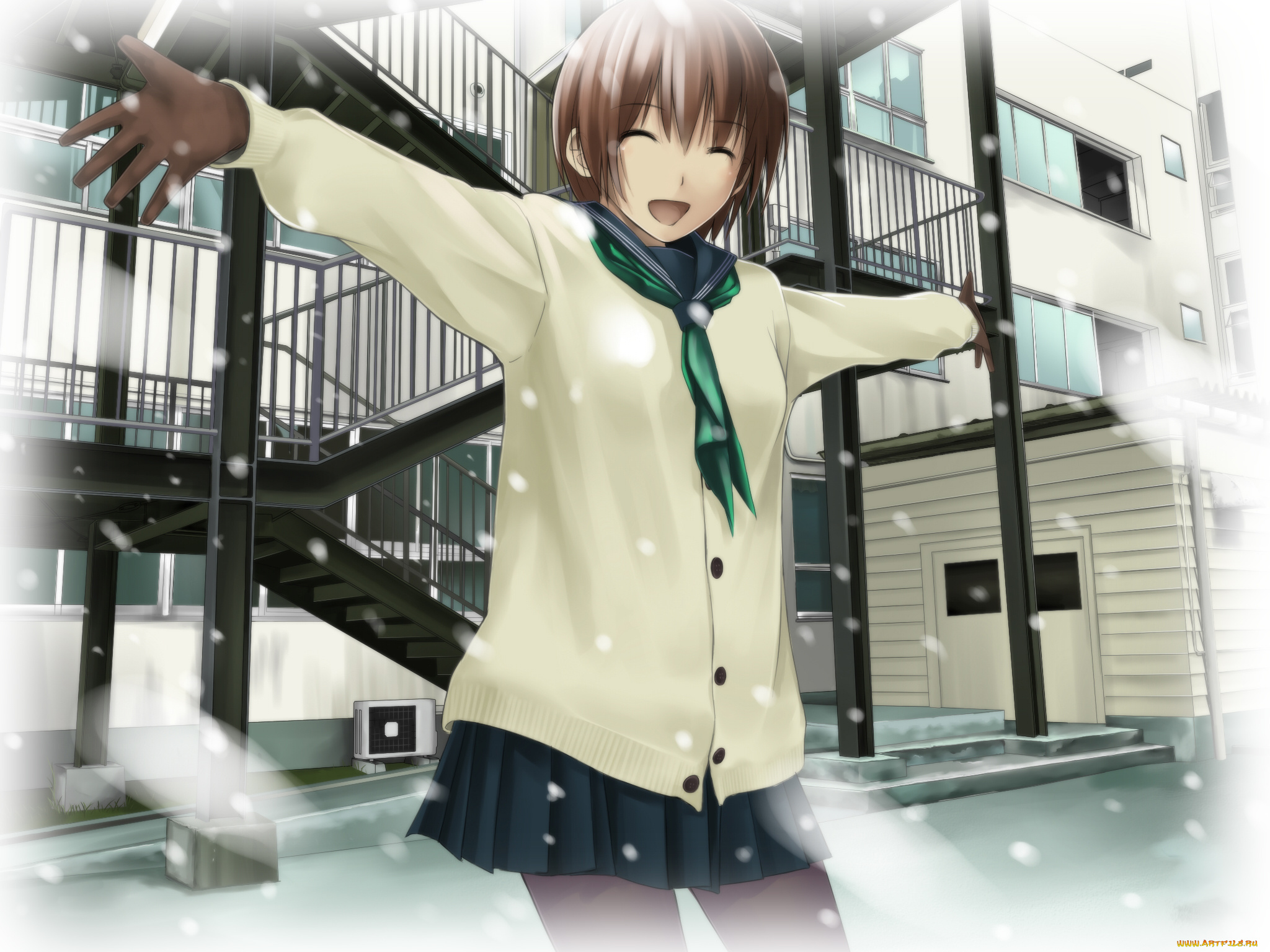 аниме, зима, , новый, год, , рождество, фон, взгляд, девушка