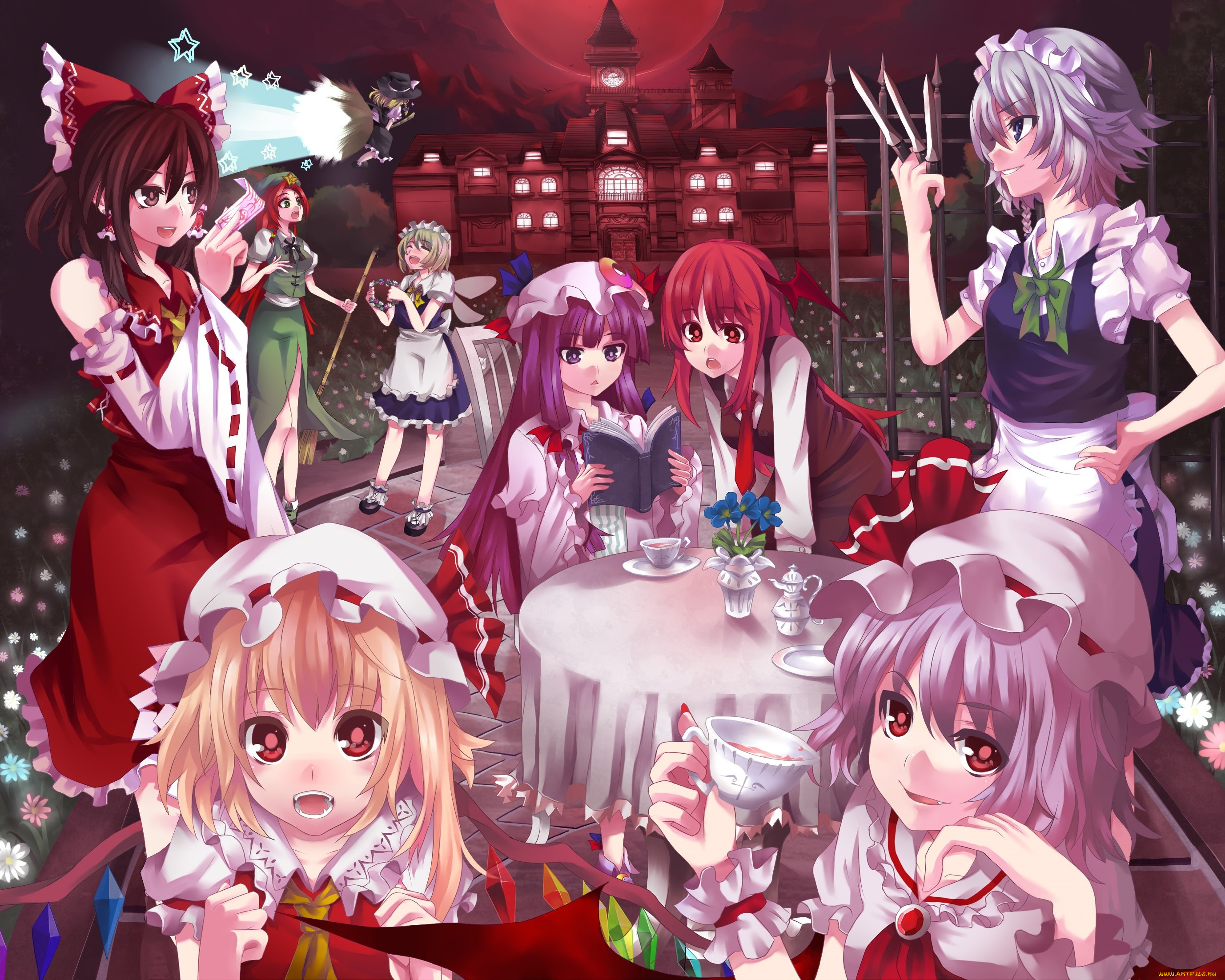 аниме, touhou, взгляд, девушки, фон