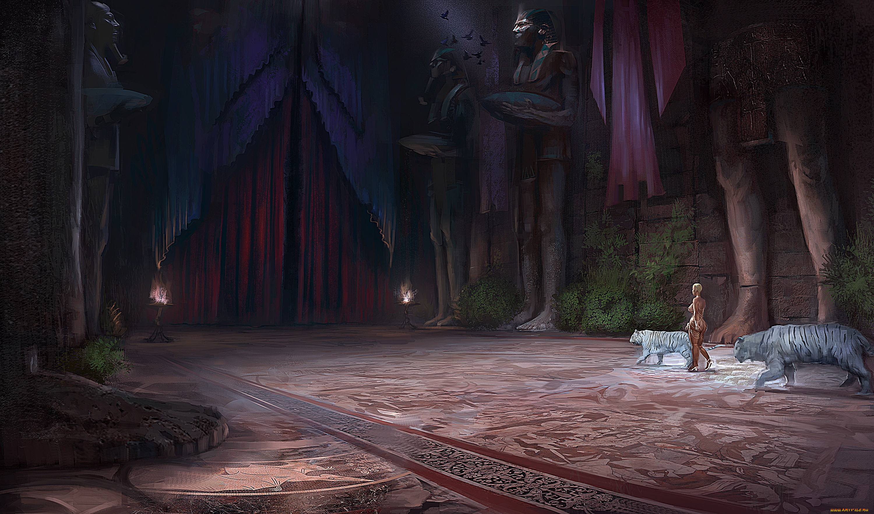 фэнтези, иные, миры, , иные, времена, жрица, тигры, статуя, женщина, зал, дворец, арт