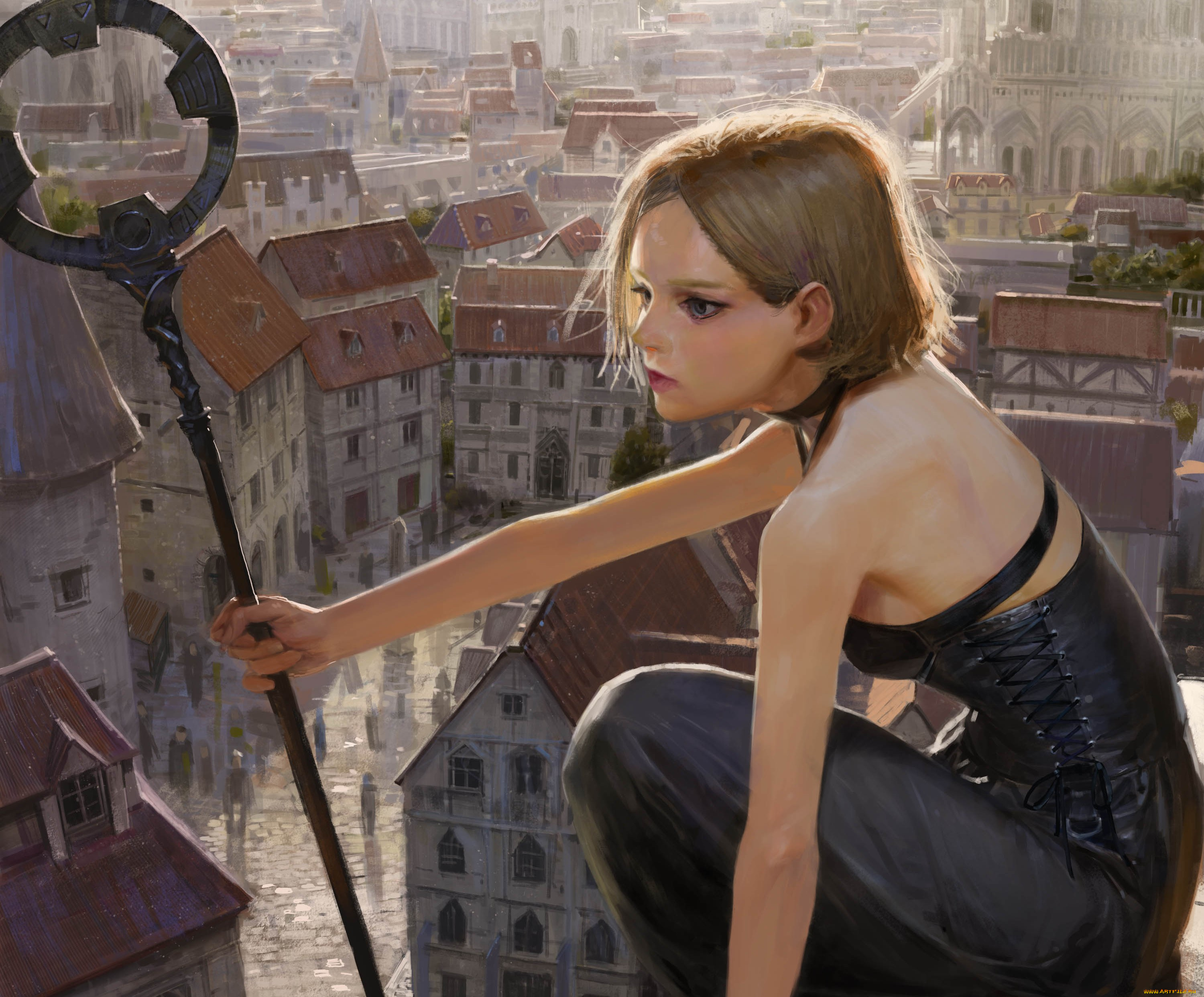фэнтези, девушки, арт, посох, взгляд, девушка, город