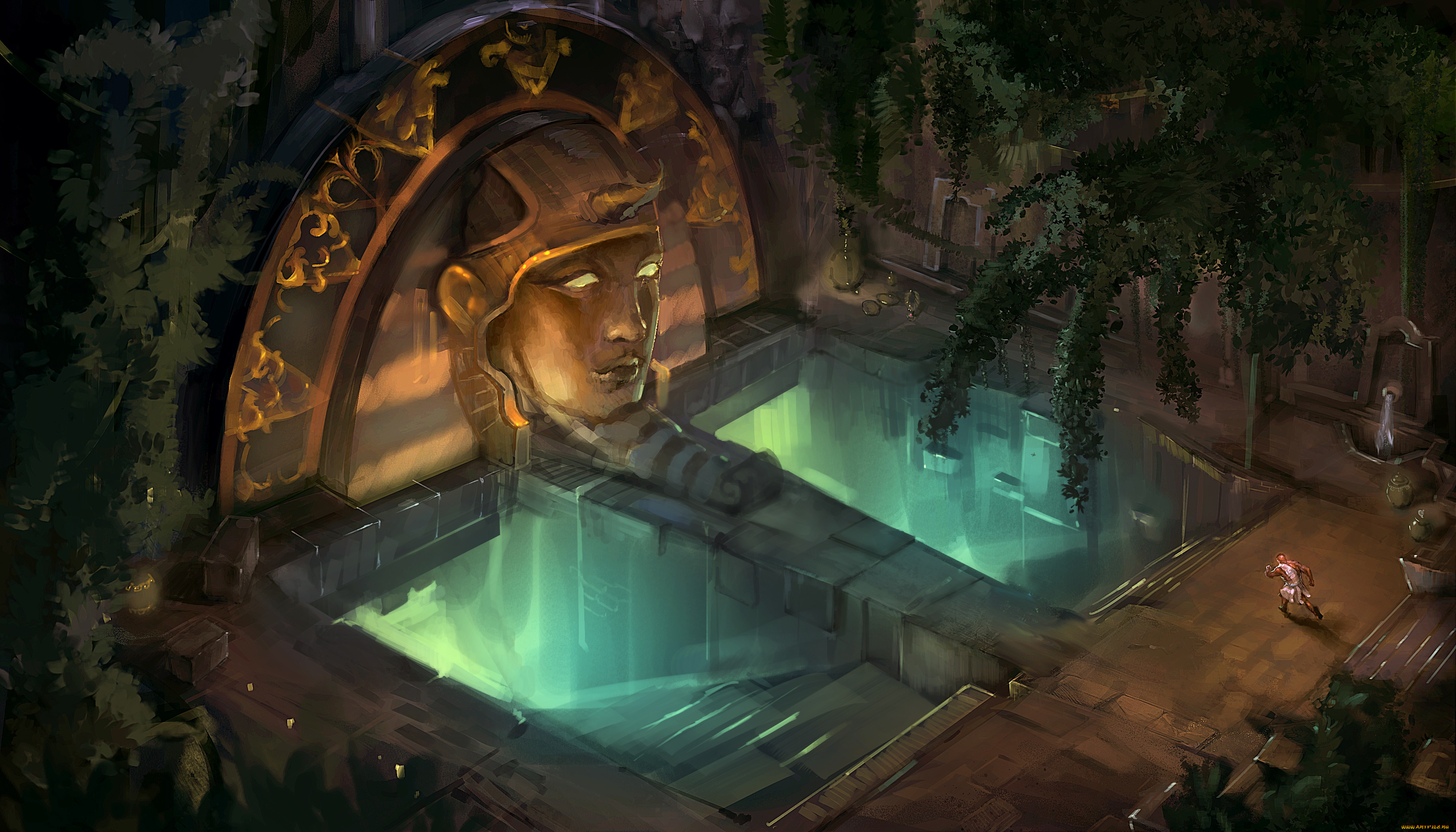 фэнтези, иные, миры, , иные, времена, голова, арт, бег, человек, храм, свечение, ступени, статуя