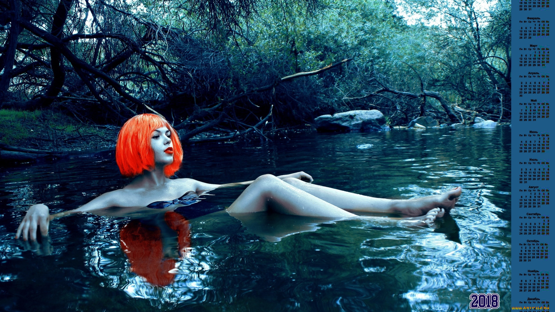 календари, девушки, растения, камень, водоем, 2018