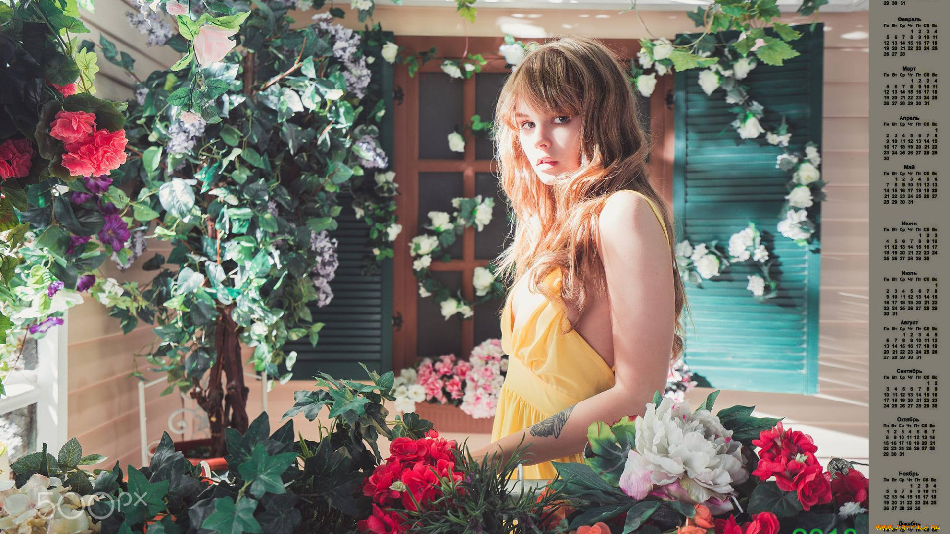 календари, девушки, тату, цветы, 2018, взгляд