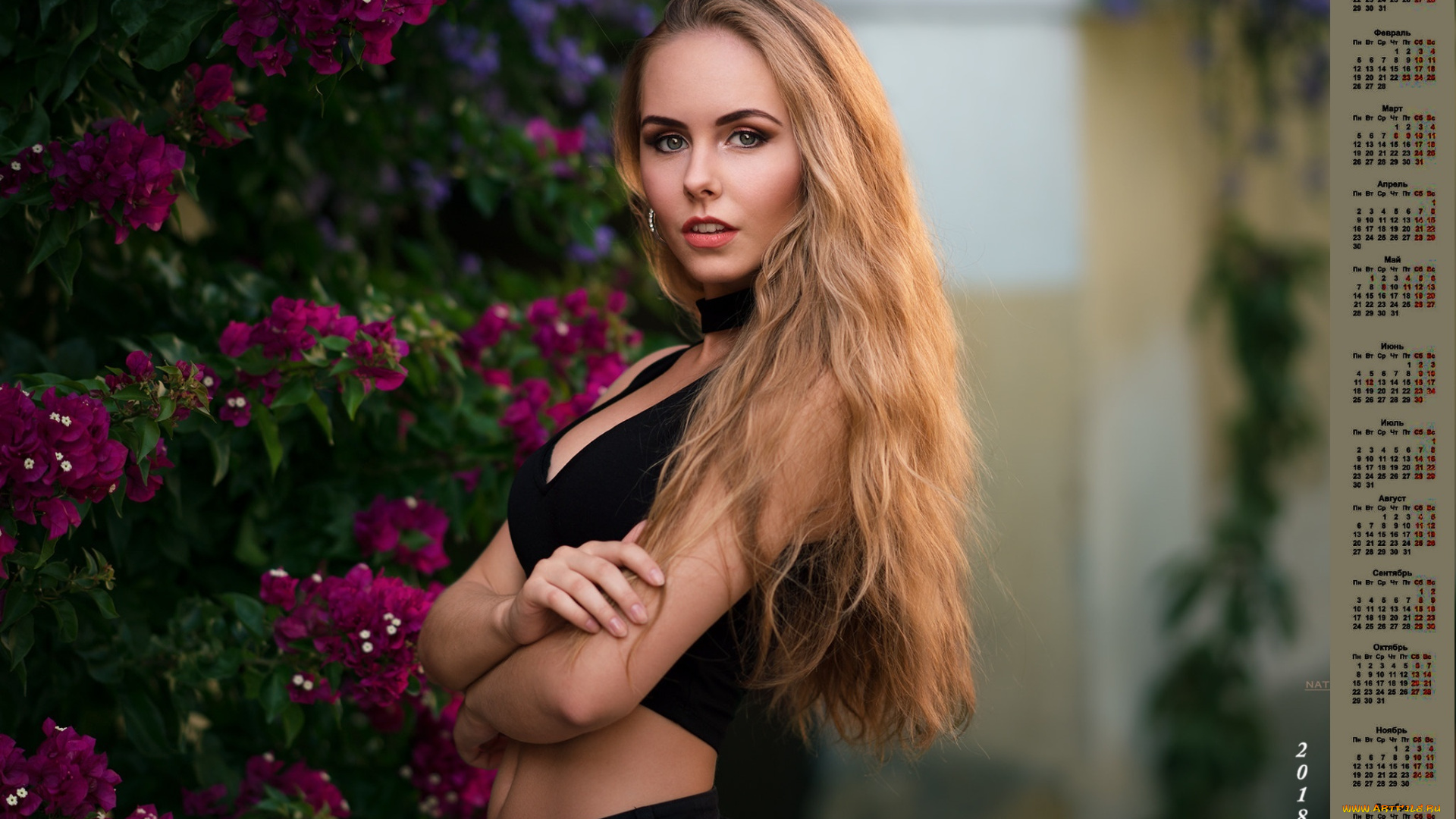 календари, девушки, взгляд, 2018, цветы, макияж