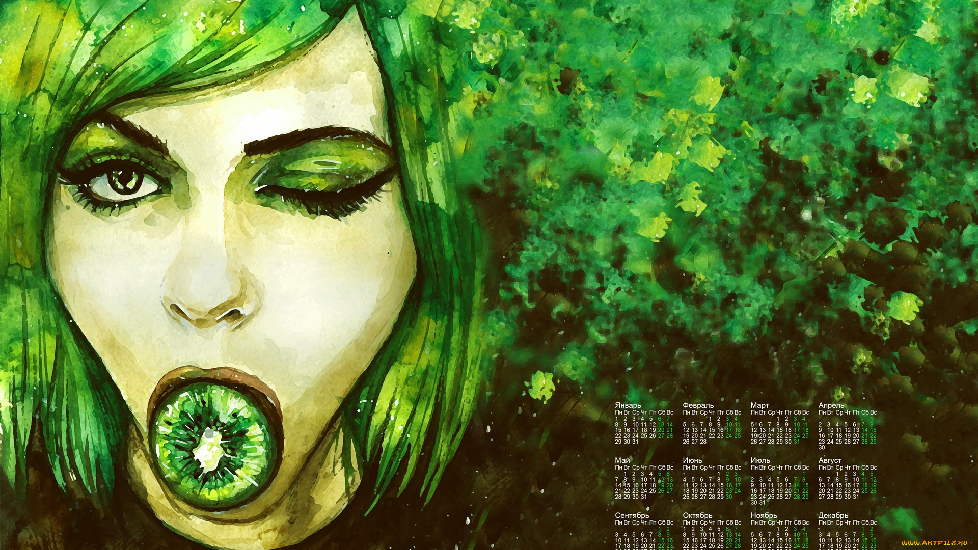календари, рисованные, , векторная, графика, 2018, девушка, лицо, взгляд, киви
