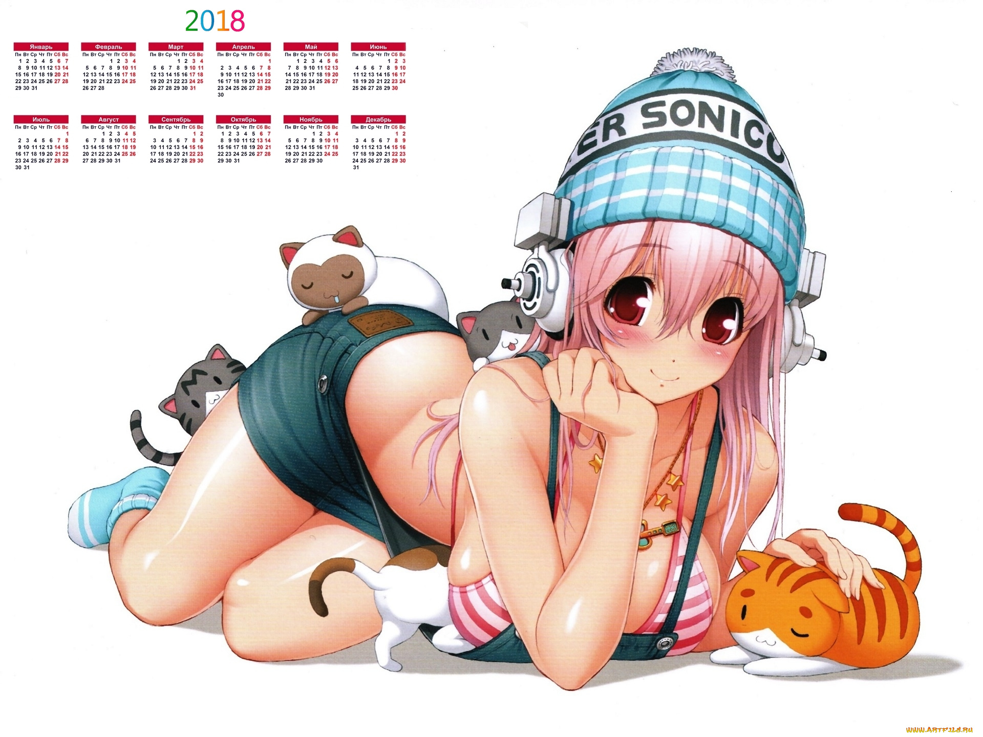 календари, аниме, девушка, белый, фон, 2018, наушники, шапка, кошка