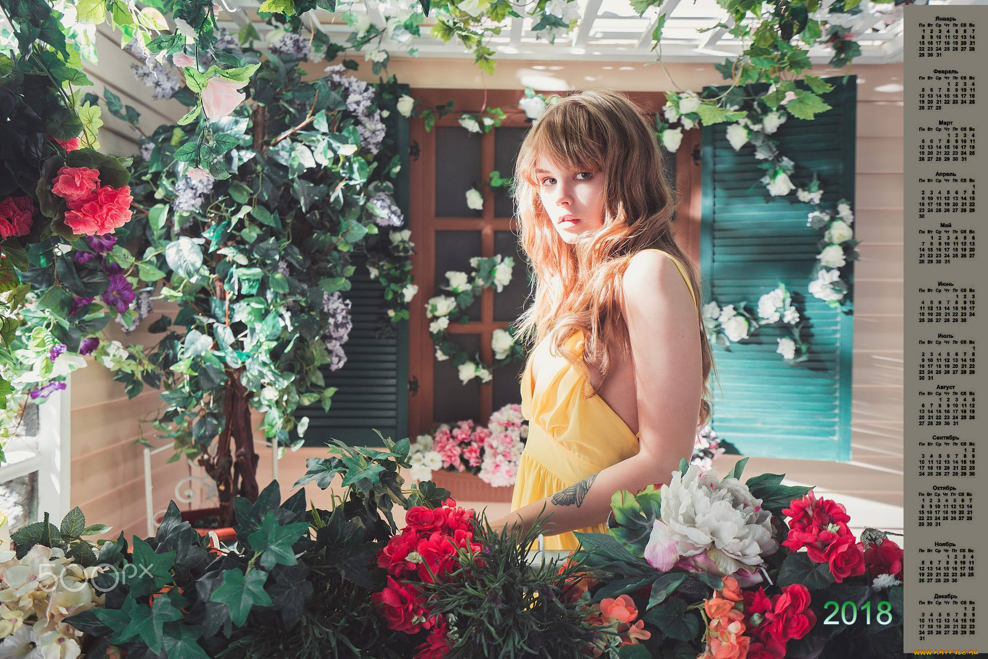 календари, девушки, тату, цветы, 2018, взгляд