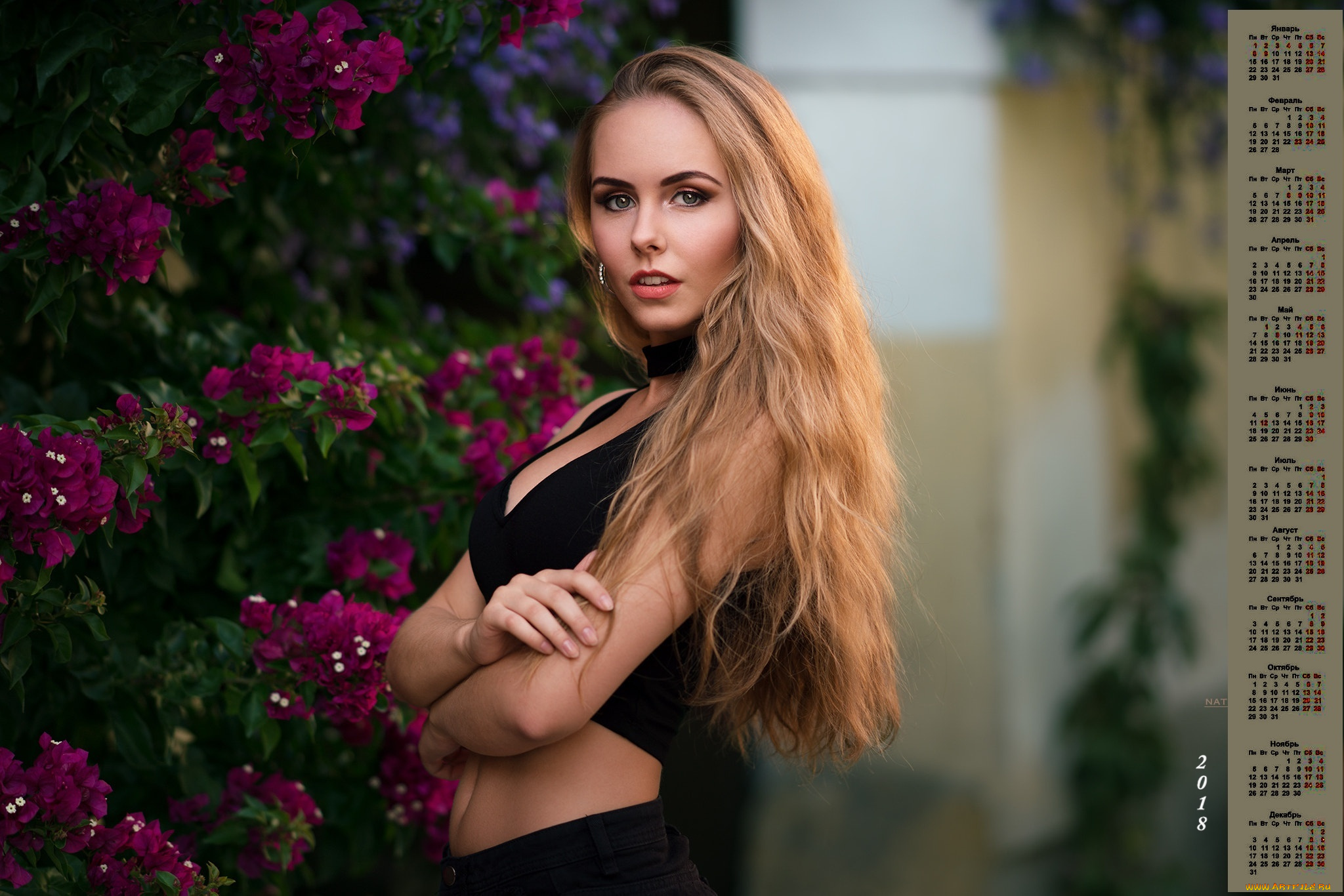 календари, девушки, взгляд, 2018, цветы, макияж