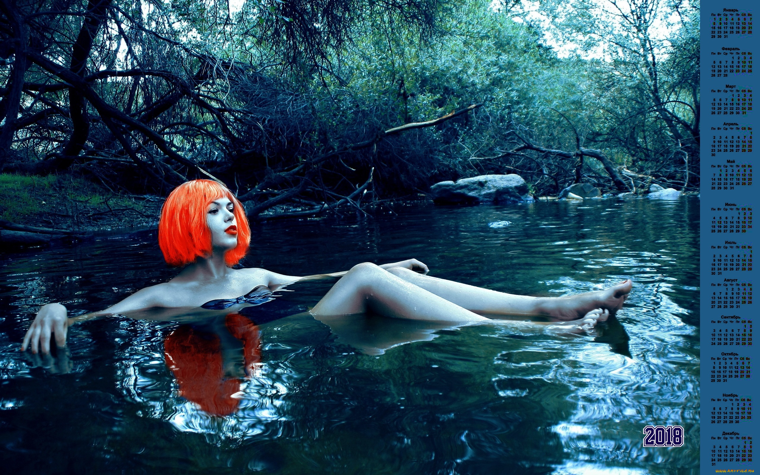 календари, девушки, растения, камень, водоем, 2018
