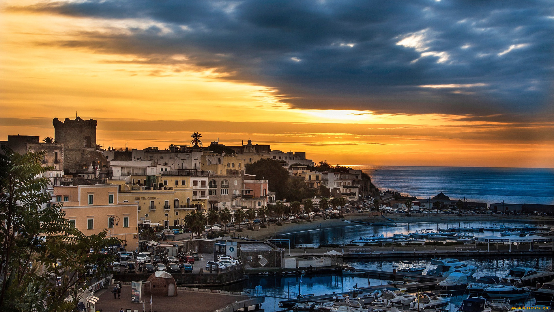 forio, campania, , italia, города, -, пейзажи, курорт, закат, форио, средиземное, море, побережье, кампания, италия, итальянский, город