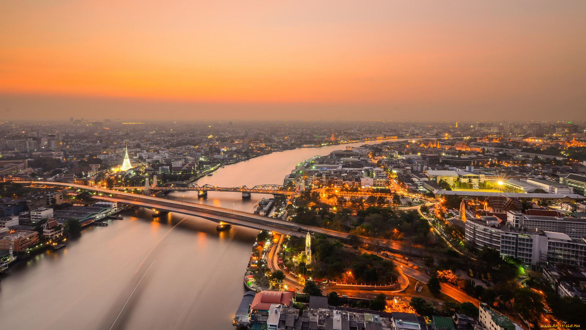 новосибирск, россия, города, -, мосты, вечер, город, панорама, здания, река, мост