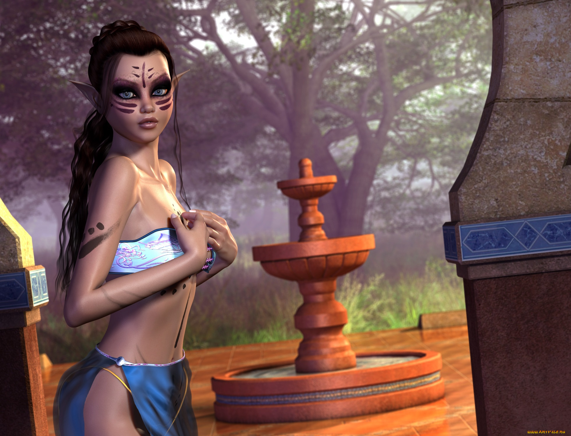 3д, графика, эльфы, , elves, взгляд, фон, эльфийка