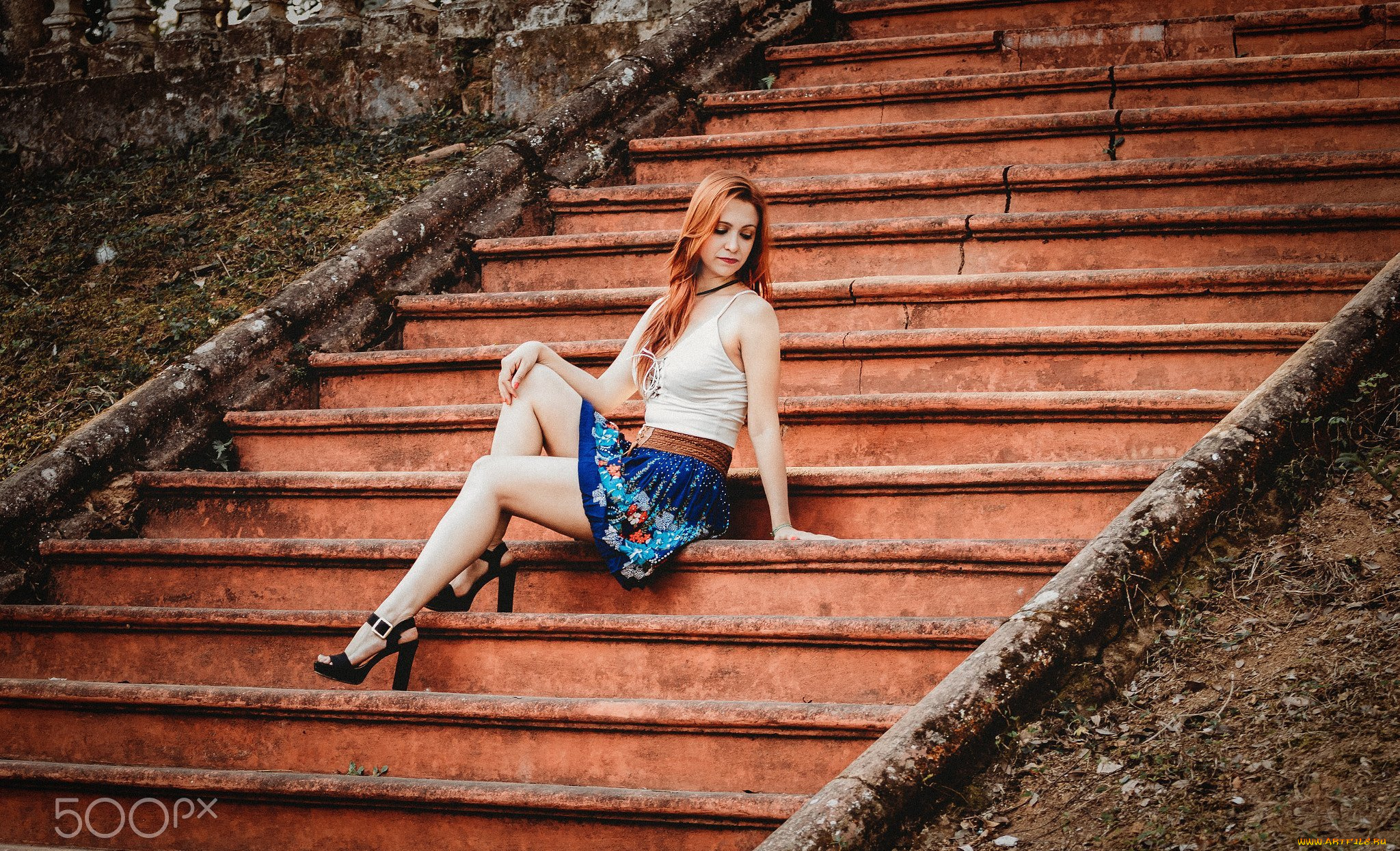 девушки, -unsort, , рыжеволосые, и, другие, лестница, юбка, каблуки, майка, рыжая