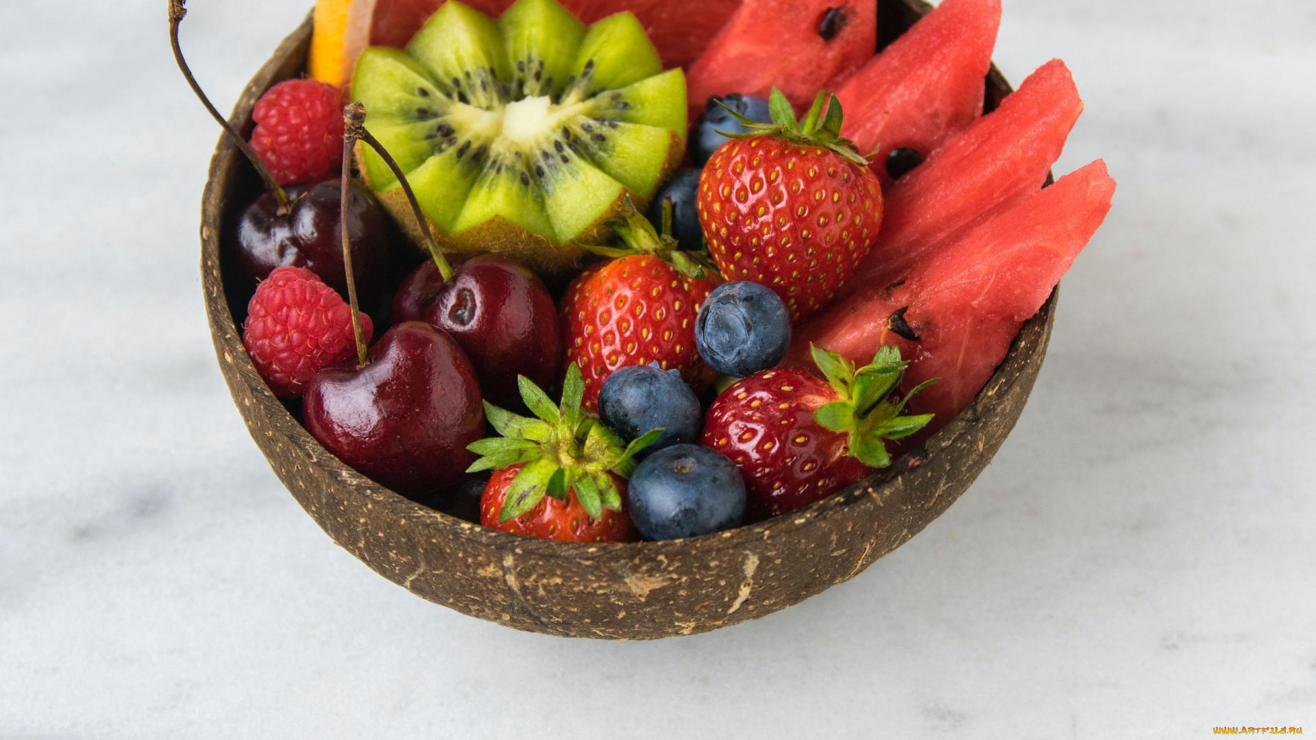 еда, фрукты, , ягоды, арбуз, киви, малина, вишня, черника, клубника