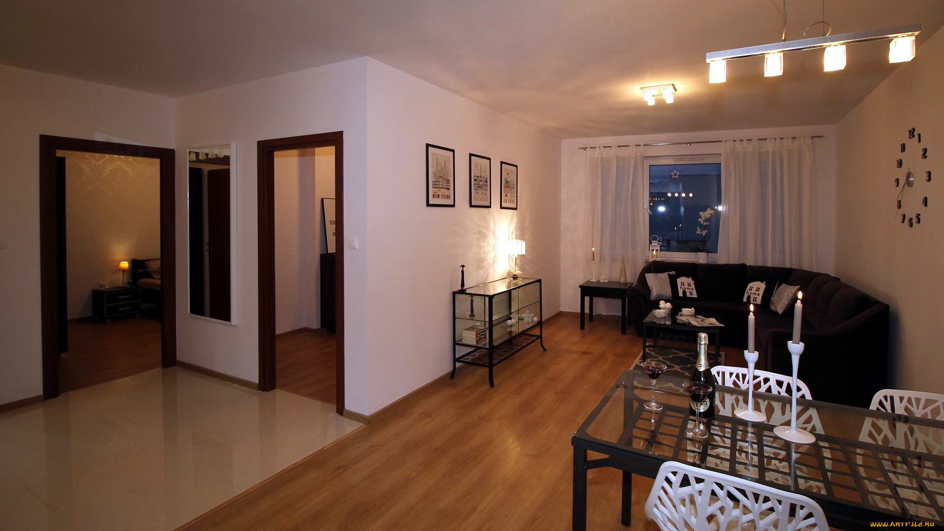 интерьер, гостиная, стол, свечи, шампанское