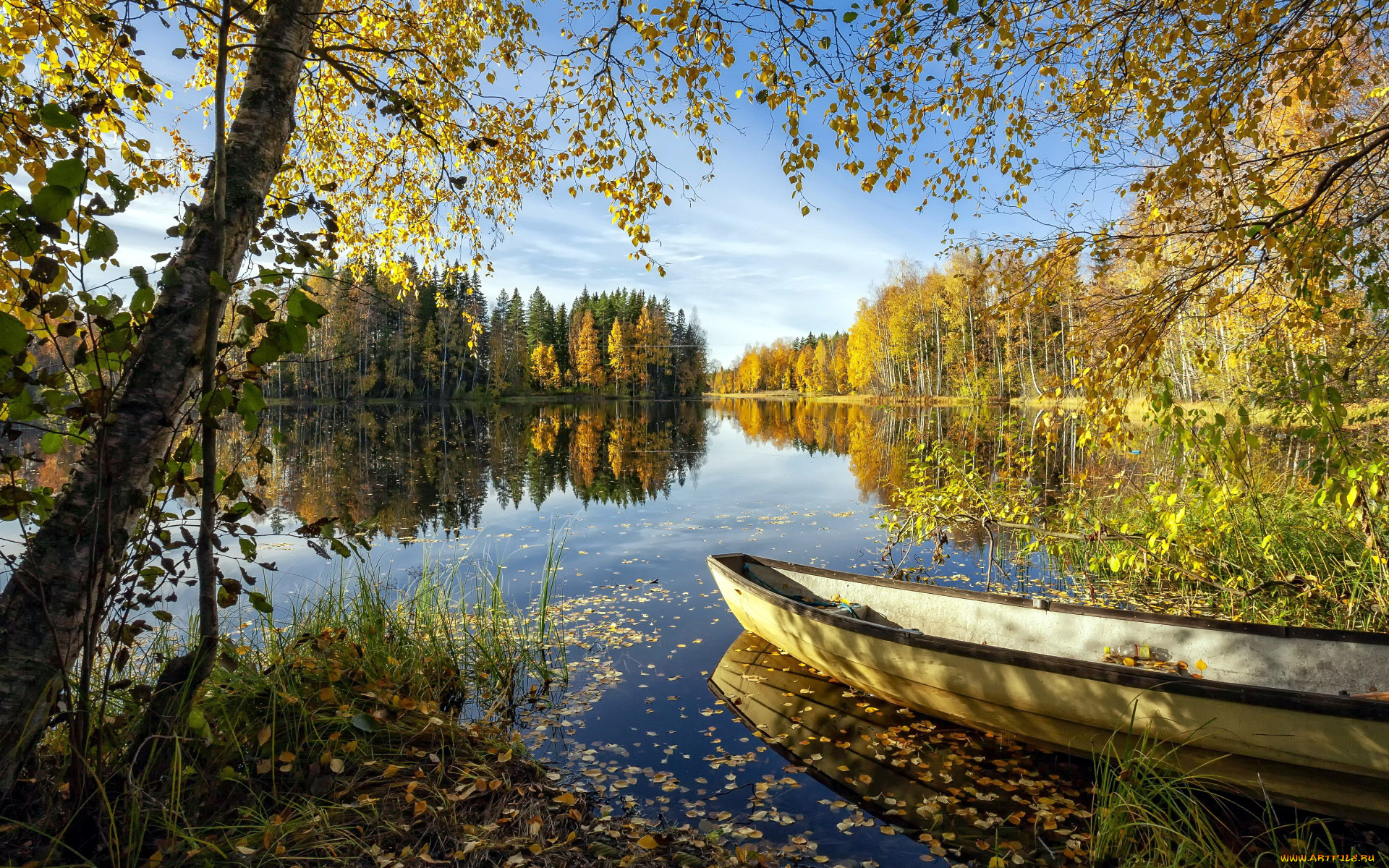 корабли, лодки, , шлюпки, река, лодка, осень, листопад