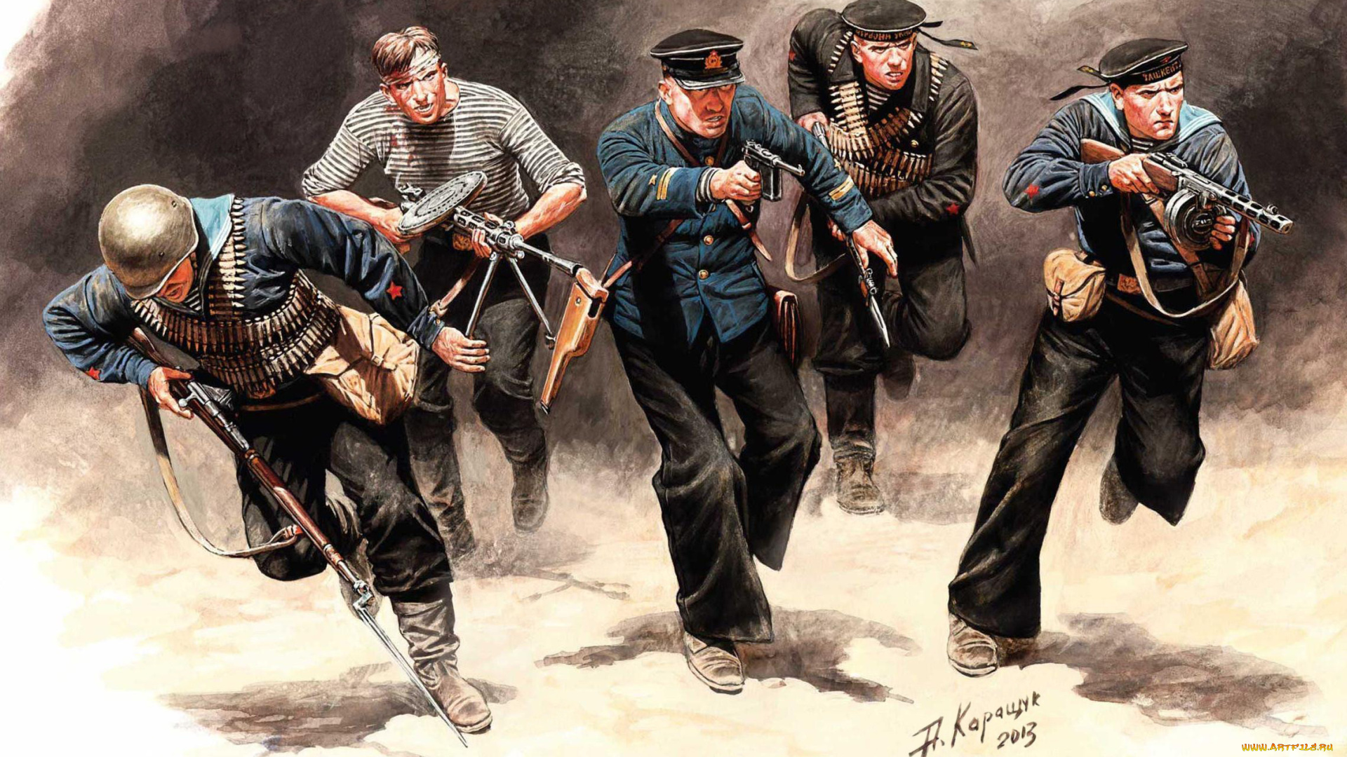 рисованное, армия, матросы, атака, оружие